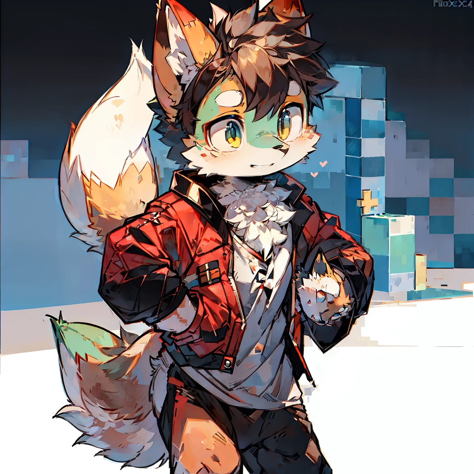 Fox Boy，Lovely looks，10-year-old boy，Minecraft block background，Dodge creepers