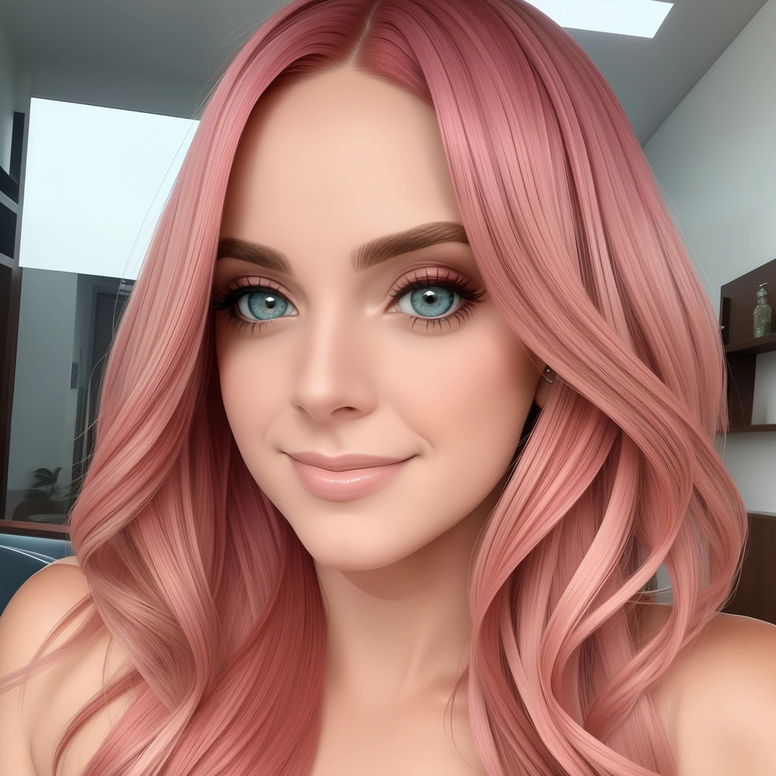 Fey com pele rosa tem quatro olhos pretos e orelhas de peixe e cabelo verde