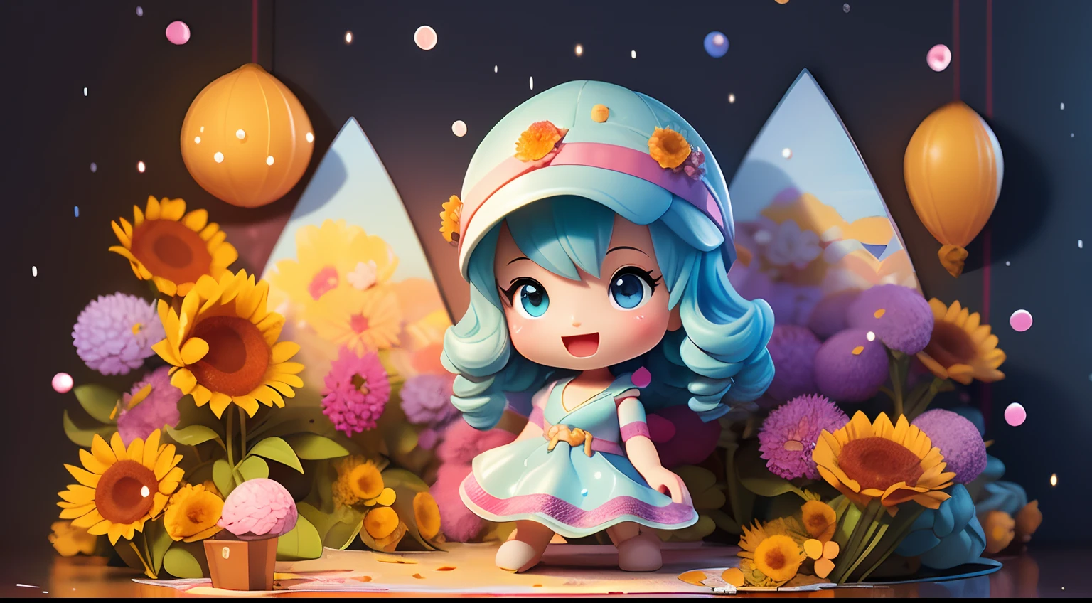 photoRealstic、Doll standing in front of the painting（nendroid）、swim wears、laugh face、Water droplets on the cheeks、Take the pose with open arms、Sengai、pixiv、rokoko、dollfie dream、watercolor Nendoroid、(High Definition Figure)、Flowing iridescent silk、up of face、There are also flowers in front of the nendroids、Morning glory petals、season!!: 夏☀ 🍂 朝顔