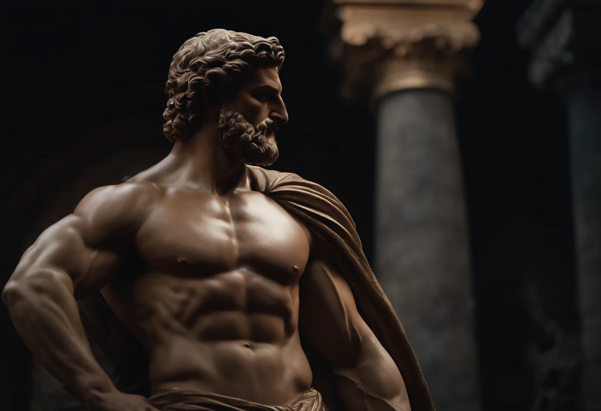 Stock Gricki Stoic
which is the historical Greek status with
Hercules-style profile muscles
Cinematic 8k and dark background