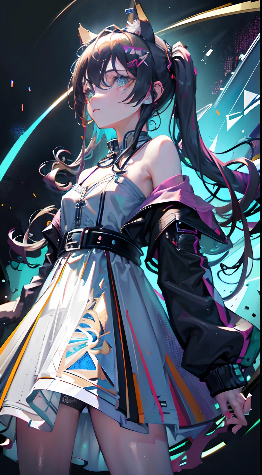 Masterpiece, best quality, colorful, a teenager with colorful pigtails wearing a detailed leather jacket and anime tee-shirt touching a translucent panel, in a dark void filled with small intense light particles,   jacket off a shoulder, floating screens in front, dramatic viewing angle, dynamic pose, (face focus close up:1.2), detailed headphones earings cat with neon ears, contrast

All in view

Depth of field, high resolution, extreme intricate details, dramatic shadows, global illumination