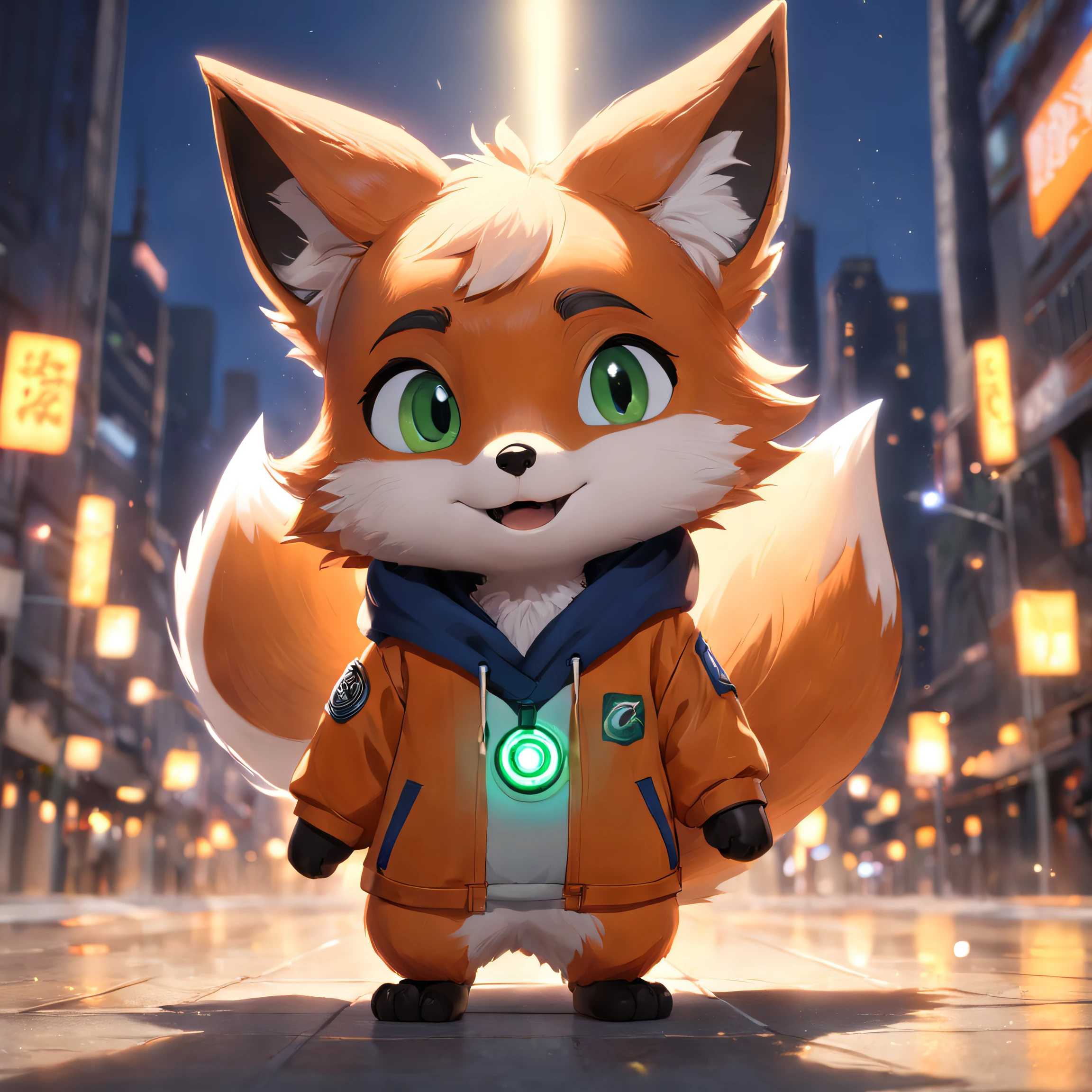 Adorable fox in Pixar movie style, usando um capuz, cinematic lighthing, Depth detection, hiper detalhada, qualidade 8k. depth of fields,perfect lighting,light particles,(best quality),(tmasterpiece),(Ultra - Detailed),sharp focus,light particles,Niji,fox,male,god eyes,green_eye,Looking_in_viewer,smile,so little,furry, bicho_orelha_fluff,open sky_Attire,Crossed waist with one hand,upper body,tail,short-sleeved shirt,eyeglasses,sunbeams,soft smile,from below,holding coffee(Fox, furry, anthropomorphic), Male, Best quality, human-like body figure), looking at viewer with orange hoodie and sunglasses holding cell phone, fox, avatar image, with futuristic outfit, CGSetnation ),like, professional art, CGsociety - W 1 0 2 4 - N 8 - I,The name is Kan, your name is Kan