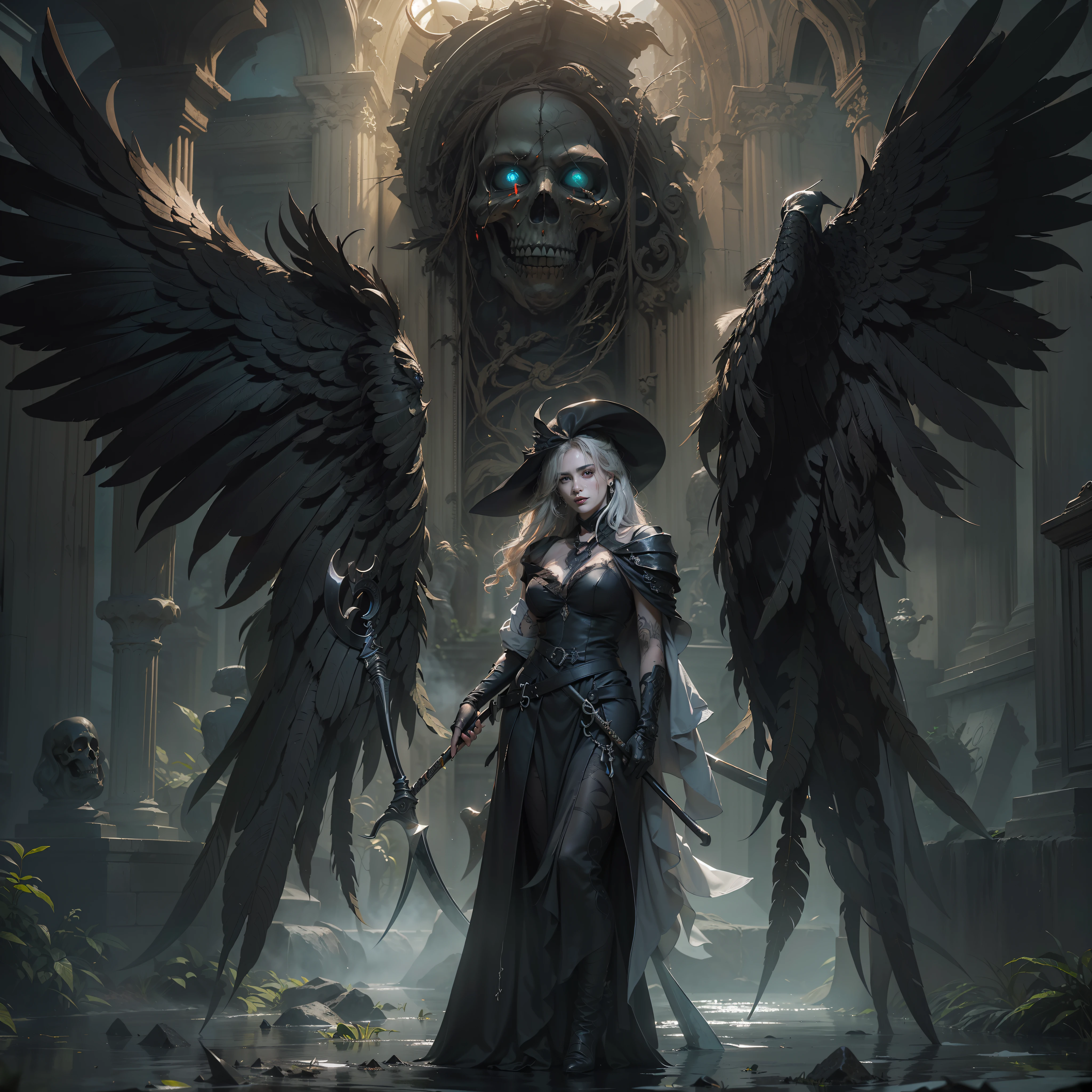 (Numerous award-winning masterpieces, with incredible detail, textures and maximum detail), (hyper realistic:1.4), (realistic:1.3), (best quality real texture skin), (finely detailed true circle eyes), (finely Detailed and beautiful face:1.6), ((medieval world)), (grim reaper:1.4), (icy look in the eye), (she has a nasty smile on her face but her eyes aren't smiling:1.3), (It has a soul-reaping scythe in its hand:1.5), (Eyes that glow red in the dark), (Dramatic Light), (A majestic sight), Her countenance is gentle and beautiful, but somehow terrifying, (Large wings with ragged black feathers behind shoulders:1.3), (Wears a dark black hooded robe with intricate patterns:1.2), Folded wings, Earrings with a skull pattern, Followed by a skeleton knight behind, (((dramatic photo))), (twilight), (sunset), (dusk), ((dramatic pose)), (flamboyant photo), (golden hair), (silver hair), (chestnut hair), (Full-length portrait:1.5), ((looks up)), ((looking down)), (full-body standing image:1.5), (gives full-body standing image:1.5), (Around her neck is a simple necklace of exquisite workmanship), Forgotten Tomb Overgrown with Vegetation, Great Tomb, Underground Labyrinth, Evil Temple Ruins, Sacrificial Temple, Mysteriously, (Magic Circle of Ominous Shine:1.2), Ancient Castle Ruins, Deserted Graveyard Ruins, Crumbled Ancient Tomb, Stagnant Water Ancient Ruins, Swamp Ruins, wavelets, running water, Shining majestic cloud masses and sky, lightning bolt, (A sack containing reaped souls with a faint glow:1.3),