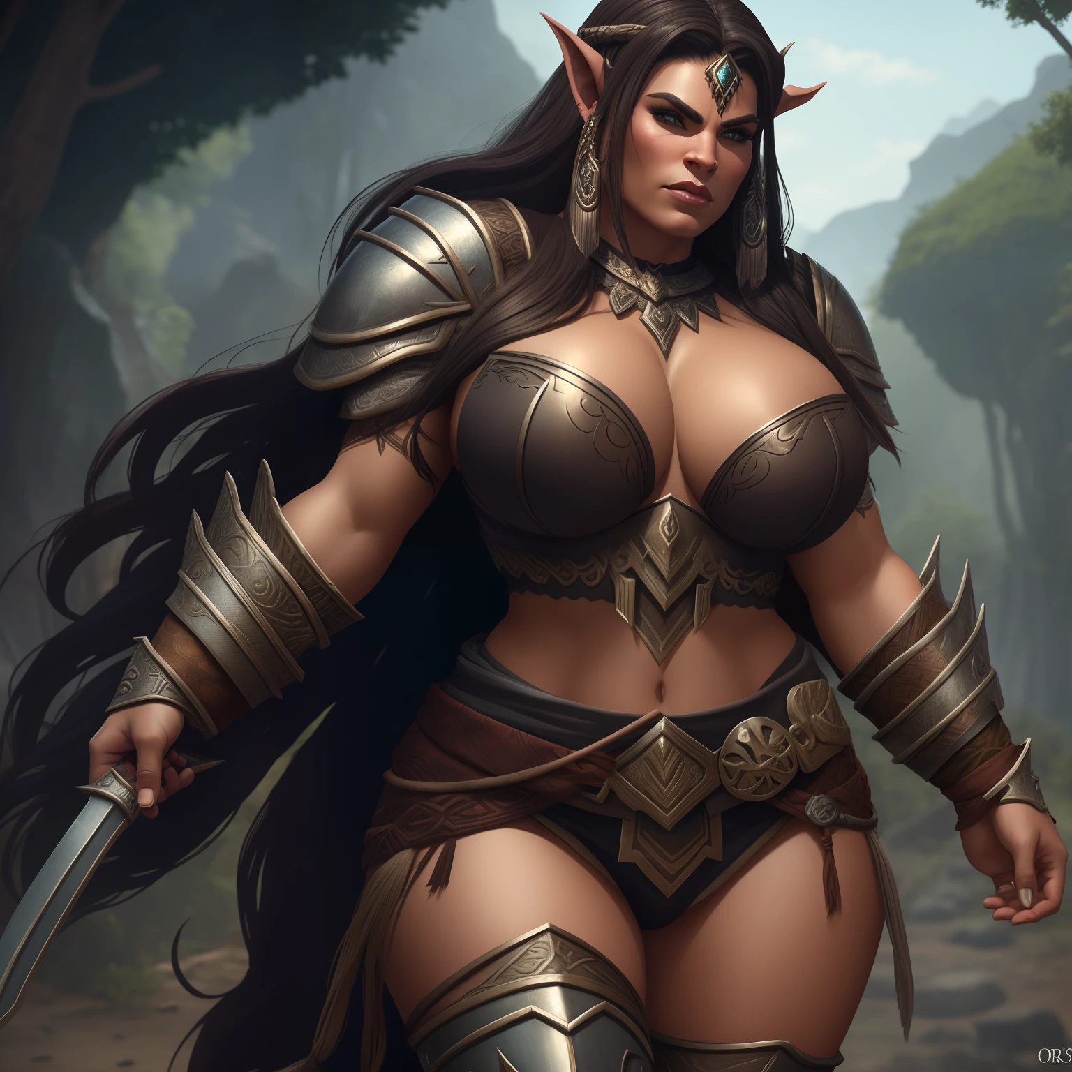 beautiful female half orc, with big thighs, nice hips, nice waist, big breasts, flowing hair, wearing animal skin clothes, iron armor and adorned with animal bones, 8k ultra realistic