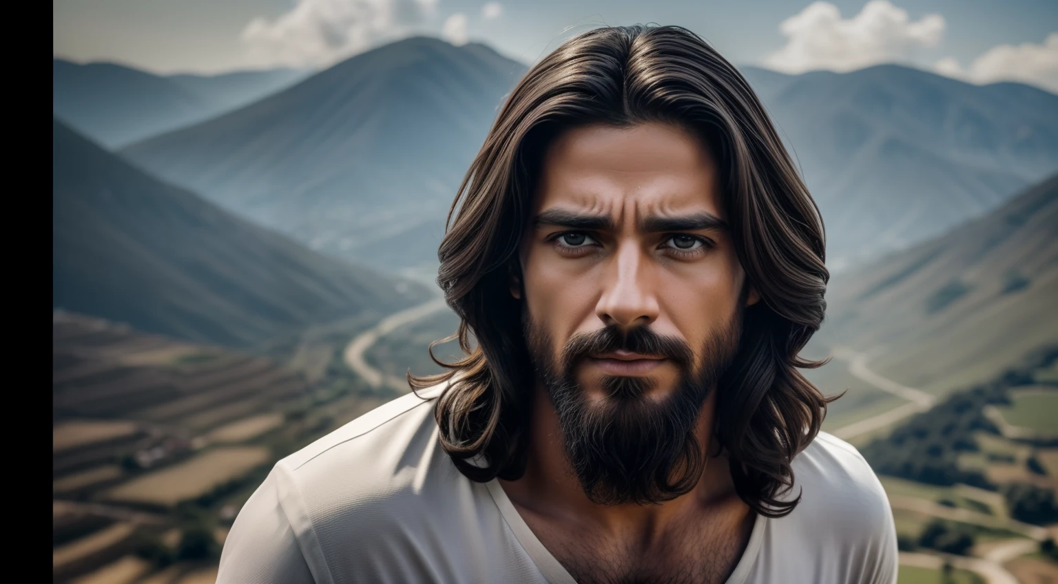 JESUS CRISTO, foto em tons escuros: Ultra-realistic epic, Soft cinematic portrait, hiperdetalhado, luzes frias, dramatic light, fundo complexo e escuro. Ultra-realistic skin, olhos castanhos esverdeados, cabelo e barba ultrarrealista, 8k, papel de parede, fotorrealista, semblante de Jesus Cristo, foto de Jesus. ultra realista