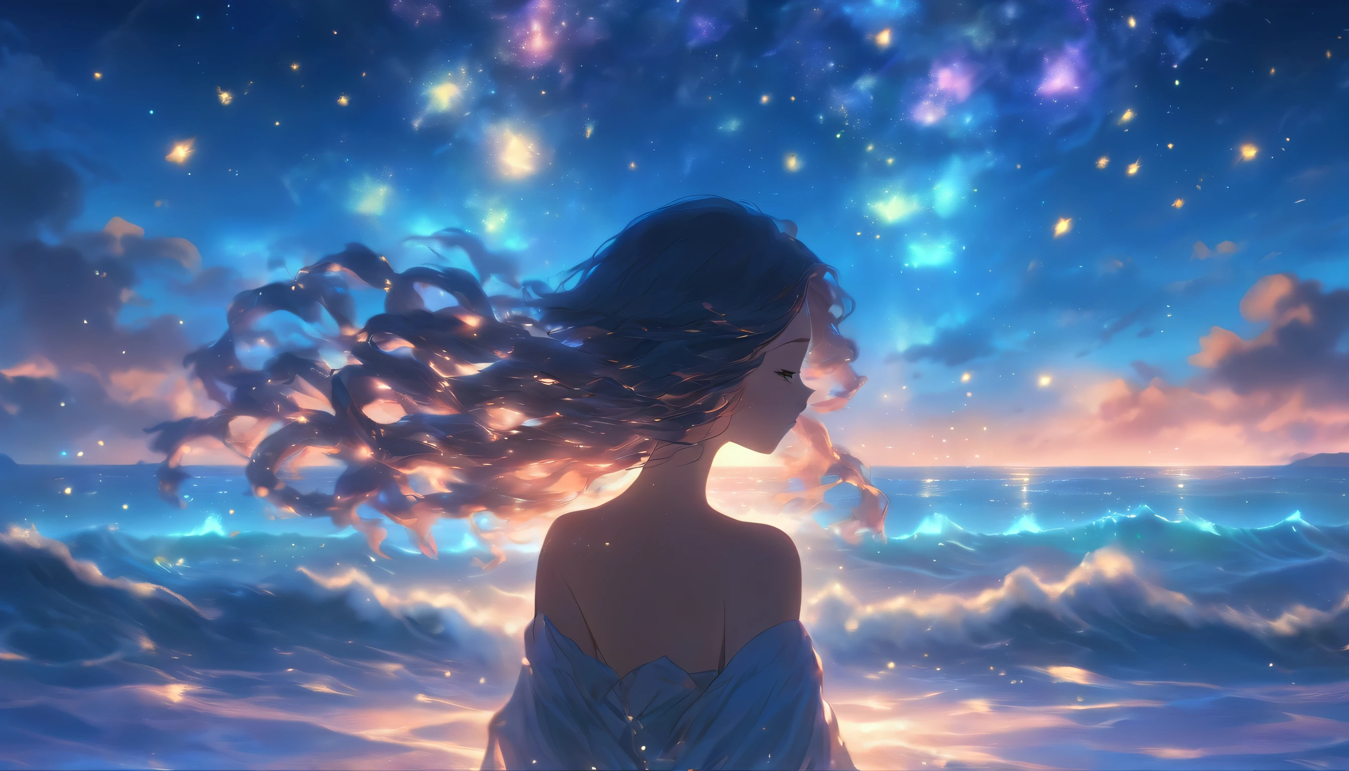 A breathtaking scene unfolds as the moonlight casts a luminous glow on a deserted beach, painting the sky with a tapestry of twinkling stars. At the center of this ethereal moment, A young woman with long cascades of hair sits in deep meditation. Its tranquil presence evokes a sense of inner peace and serenity amidst the vastness of the empty coast. The girl's silhouette stands out against the backdrop of darkness, his serene expression bathed in the soft moonlight;. Long tentacles of hair cascading down the back, intertwined with the gentle sea breeze that caresses his face. Your closed eyes indicate a deep connection to the universe, as if his own thoughts harmonized with the whispers of the waves of the sea.
