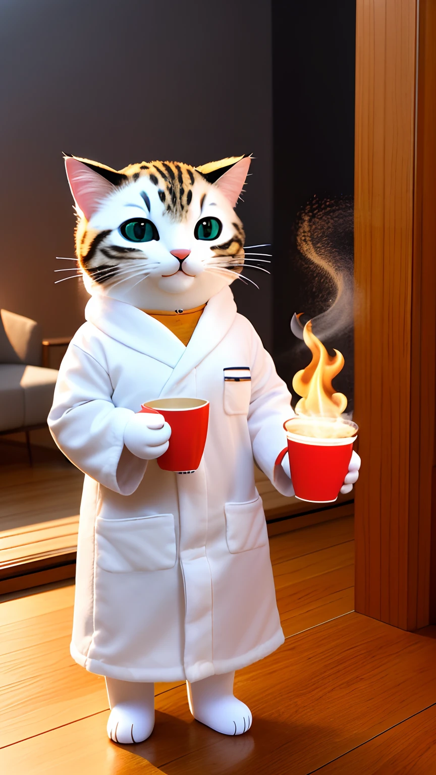 (melhor qualidade:1.23), (obra-prima:1.12), (realista:1.24), (anthropomorphic cat:1.5) holding a cup of coffee, sentado, in a bathrobe, having breakfast and holding a cup of coffee, kalap, particuls, volumeric lighting, burning floor and chair, muitos gadgets e equipamentos em chamas, smoke billowing, (chamas ao redor:1.2),