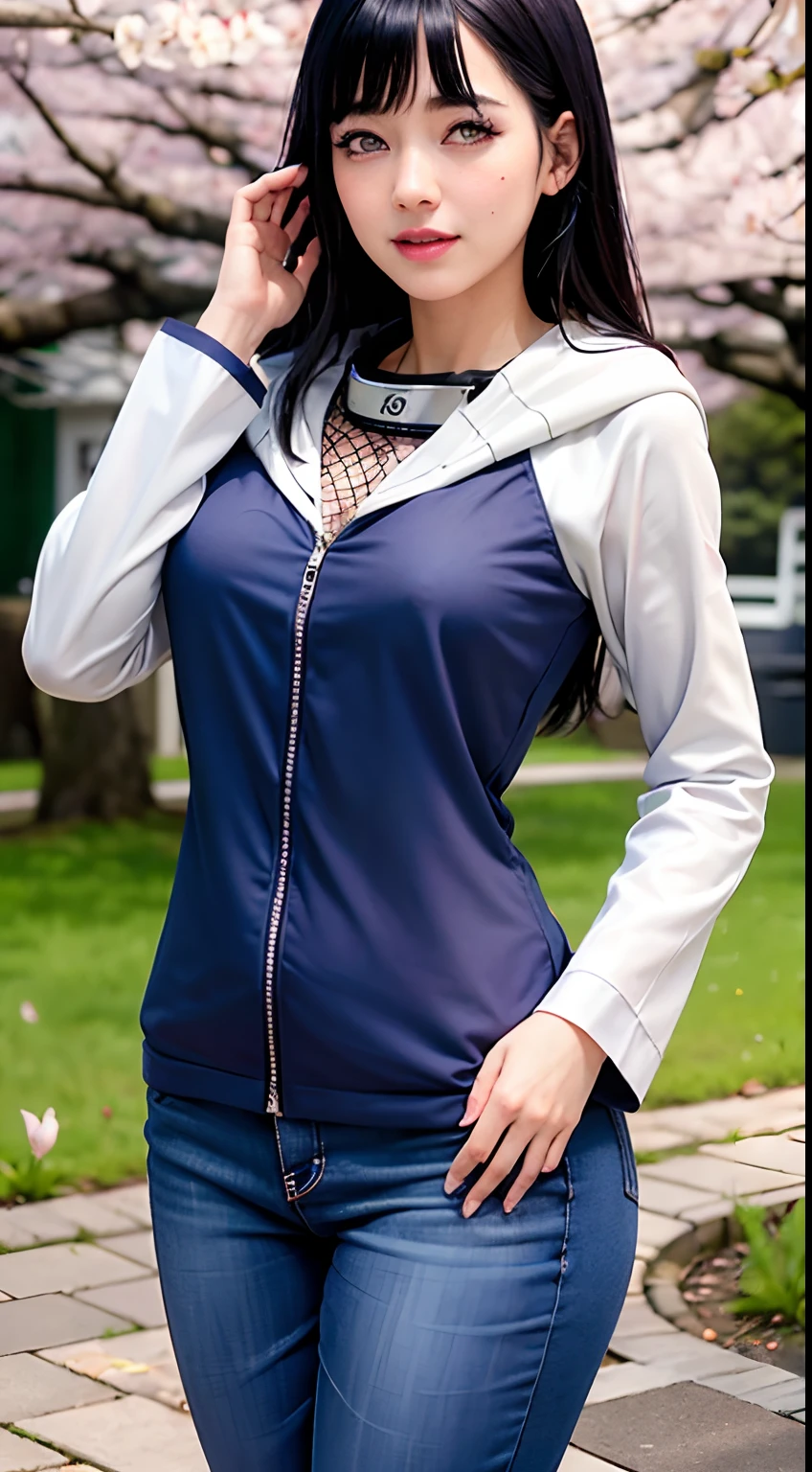 H1N4T4, 1girl, hyuuga hinata, solo, (realistic:0.5), masterpiece, solo, (best quality, perfect detailed, beautifully detailed face, detailed eyes), glistening shiny, ray tracing, DOF, HDR, gradient eyes, sharp eyelashes, ((eyelashes)), mascara, detail_face, eyelashes, shiny hair, flirting, seductive smile, parted lips, medium breasts, (soft particles floating:1.1), ((looking at viewer)), (playmate pose:1.1), (full body:1.1), ((8k wallpaper)), ((highres)), long hair, black hair, white eyes, (pants:1.2), hand on hip, hood, bangs, full body, standing, blurry, looking at viewer, long sleeves, smile, (grassfield:1.4), (tree:1.2), (cherry blossom:1.3), (blue sky:1.3), (sun),