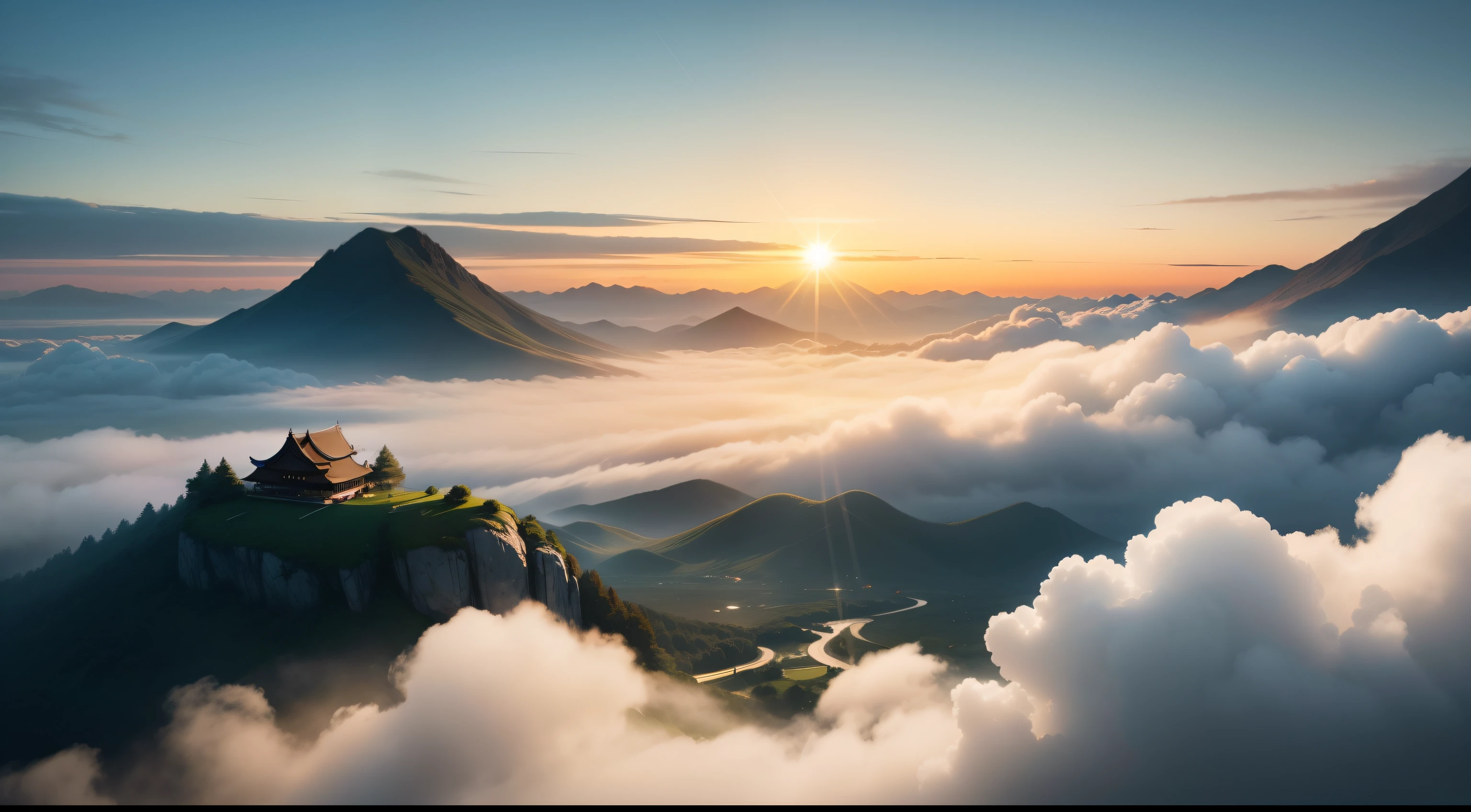 Please raise white tea according to the "Sea Mist，Dawn sees the sun。This sentence matches a 2D minimalist illustration。There are clouds and mist between the vista mountains，The sun breaks through the clouds，The sky is a mix of orange and yellow。There is tea tree in the foreground，The scene is full of movement，breath-taking，Immerse yourself in a calm atmosphere，Let the tranquil surroundings surround you。