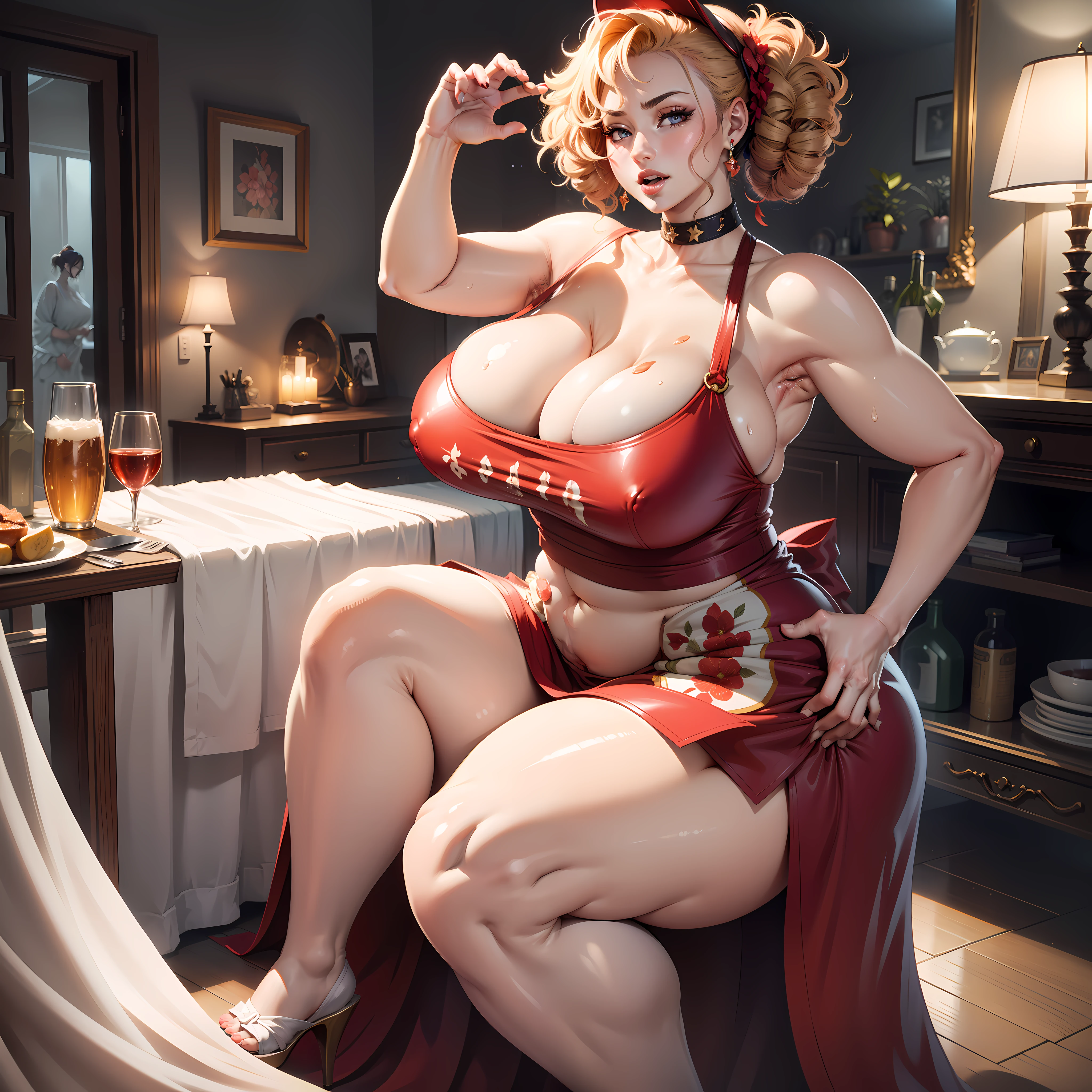 Hot mom,独奏,(:1.3),thick thight,upper legs,Wide buttock,dent in the skin,Double tail,curlies,ssmile,cheerfulness,(Red latex apron:1.2),cparted lips,plumw,Obscenity,exposed midriff,protruding areolas,gigantic cleavage breasts,4K,realistic humid skin,Armpits,Large curved hips,a variety of poses,Stick out a very long tongue,Fleshy figure,with perfect legs,Hypertrophic,protruding areolas,,Bronzed skin,detailed lips,bubble butt,Dewy,mouth drool,Lick,Place your fingers between your legs,Hungry and thirsty housewives,erected,Wrinkles,Clean the room,Eyes look at the lens,A shy look,Blushing aunt,Two braids,Smooth skin,Very meticulous clothes,Intriguing set,extremly high detail,A detailed face