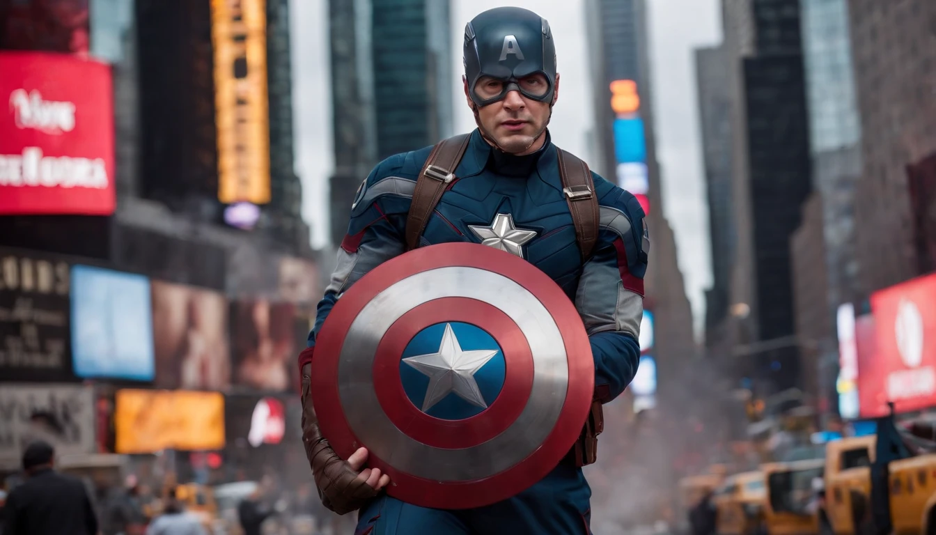 /imagine prompt: In the heart of the bustling Times Square, Captain America, also known as Steve Rogers, strides purposefully. He holds his iconic shield with unwavering determination, a symbol of hope in the midst of New York City's chaos. The square's neon lights reflect off his polished shield, creating an intense luminosity that surrounds him. This full-body shot captures the superhero in all his glory, his stance unwavering and his gaze fixed on an unknown threat. The futuristic setting of Times Square enhances the aura of heroism. Photographed by Alex Webb with a Nikon D850 and a 24-70mm lens, the lighting is a blend of studio and cinematic lighting, resulting in a dramatic and high-detail 8K image.