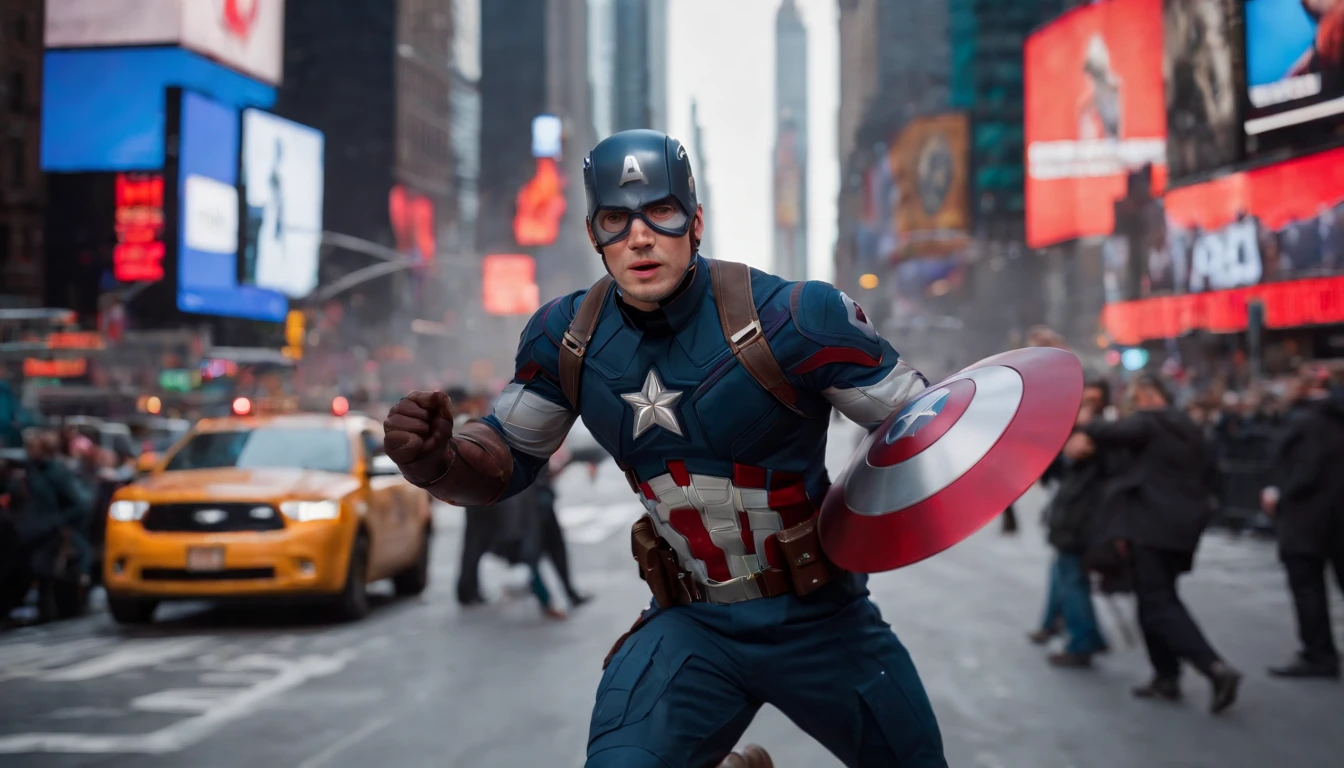 /imagine prompt: In the heart of the bustling Times Square, Captain America, also known as Steve Rogers, strides purposefully. He holds his iconic shield with unwavering determination, a symbol of hope in the midst of New York City's chaos. The square's neon lights reflect off his polished shield, creating an intense luminosity that surrounds him. This full-body shot captures the superhero in all his glory, his stance unwavering and his gaze fixed on an unknown threat. The futuristic setting of Times Square enhances the aura of heroism. Photographed by Alex Webb with a Nikon D850 and a 24-70mm lens, the lighting is a blend of studio and cinematic lighting, resulting in a dramatic and high-detail 8K image.