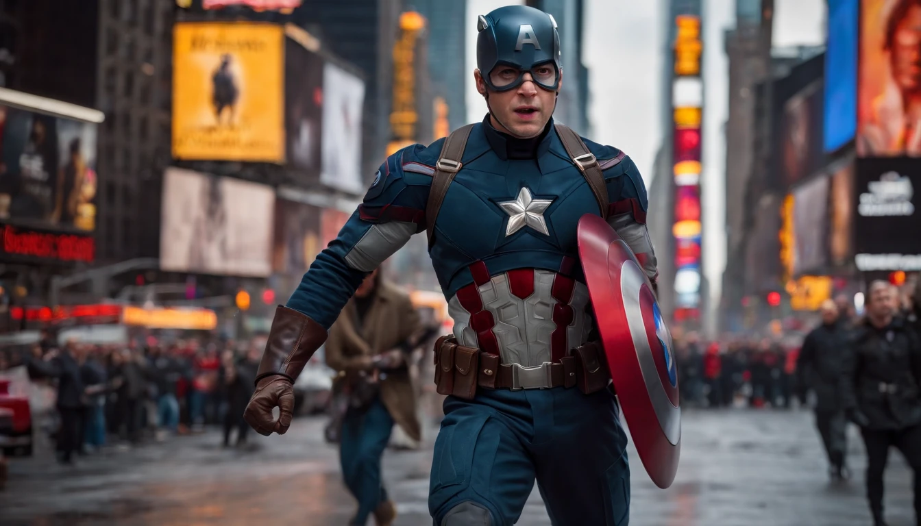 /imagine prompt: In the heart of the bustling Times Square, Captain America, also known as Steve Rogers, strides purposefully. He holds his iconic shield with unwavering determination, a symbol of hope in the midst of New York City's chaos. The square's neon lights reflect off his polished shield, creating an intense luminosity that surrounds him. This full-body shot captures the superhero in all his glory, his stance unwavering and his gaze fixed on an unknown threat. The futuristic setting of Times Square enhances the aura of heroism. Photographed by Alex Webb with a Nikon D850 and a 24-70mm lens, the lighting is a blend of studio and cinematic lighting, resulting in a dramatic and high-detail 8K image.