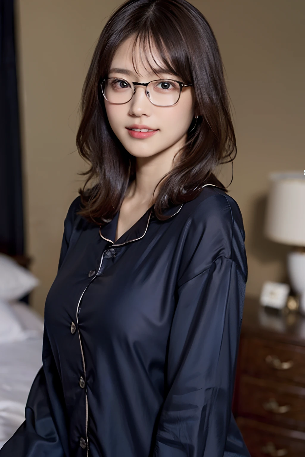 (8K、Raw photography、top-quality、masterpiece:1.2)、(realisitic、Photorealsitic:1.37)、ultra-detailliert、超A high resolution、女の子1人、see the beholder、beautifull detailed face、A smile with a little visible teeth、Constriction、(Slim waist) :1.3)、((Cute Pajamas))、pastel clothing、Beautiful detailed skin、Skin Texture、Floating hair、((fluffy hairstyle))、large breasts with good shape、Professional Lighting、bedroom、((Black square glasses))、Whole human body、Black hair、((Shameful appearance))、Pay attention to your audience、