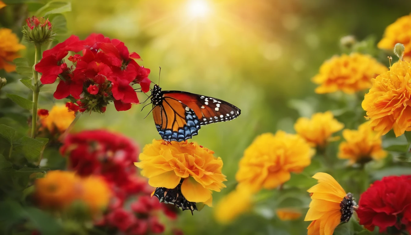 BUTTERFLIES IN A SUNNY GARDEN WITH LOTS OF YELLOW AND RED FLOWERS,
