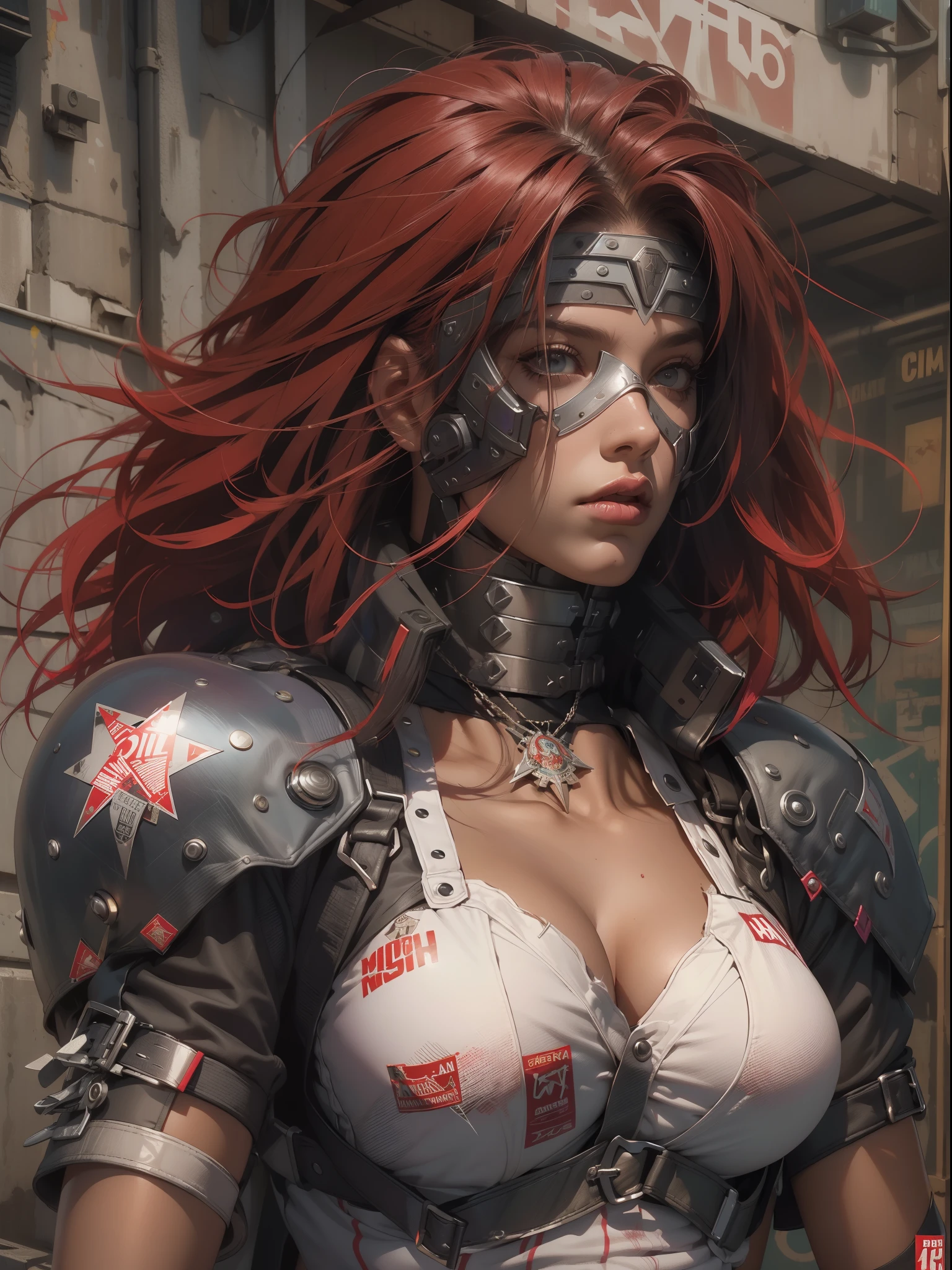 (((mulher))), (((melhor qualidade))), (((obra prima))), (((adulto))), (((1girl))), ((( corte de cabelo bob ))), Uma gladiadora cyberpunk mulher de 25 anos com corpo perfeito, shoulder pads with metal spines, Gladiadores do Brooklyn, (( corte de cabelo bob )), tiny leather panties, camiseta de time de rugby rasgada, quase nua no estilo selvagem urbano de Simon Bisley para a capa da revista Heavy Metal, Cabelo loiro curto, Minimum clothing, Metal protection on the left arm with intricate graphics, Dark red with white stars and white and violet checkerboard pattern, armadura, cheio de pontas e rebites, (((do joelho pra cima))), cabelos loiro branco curto, no fundo uma parede pintada por Shepard Fairey com um design intrincado