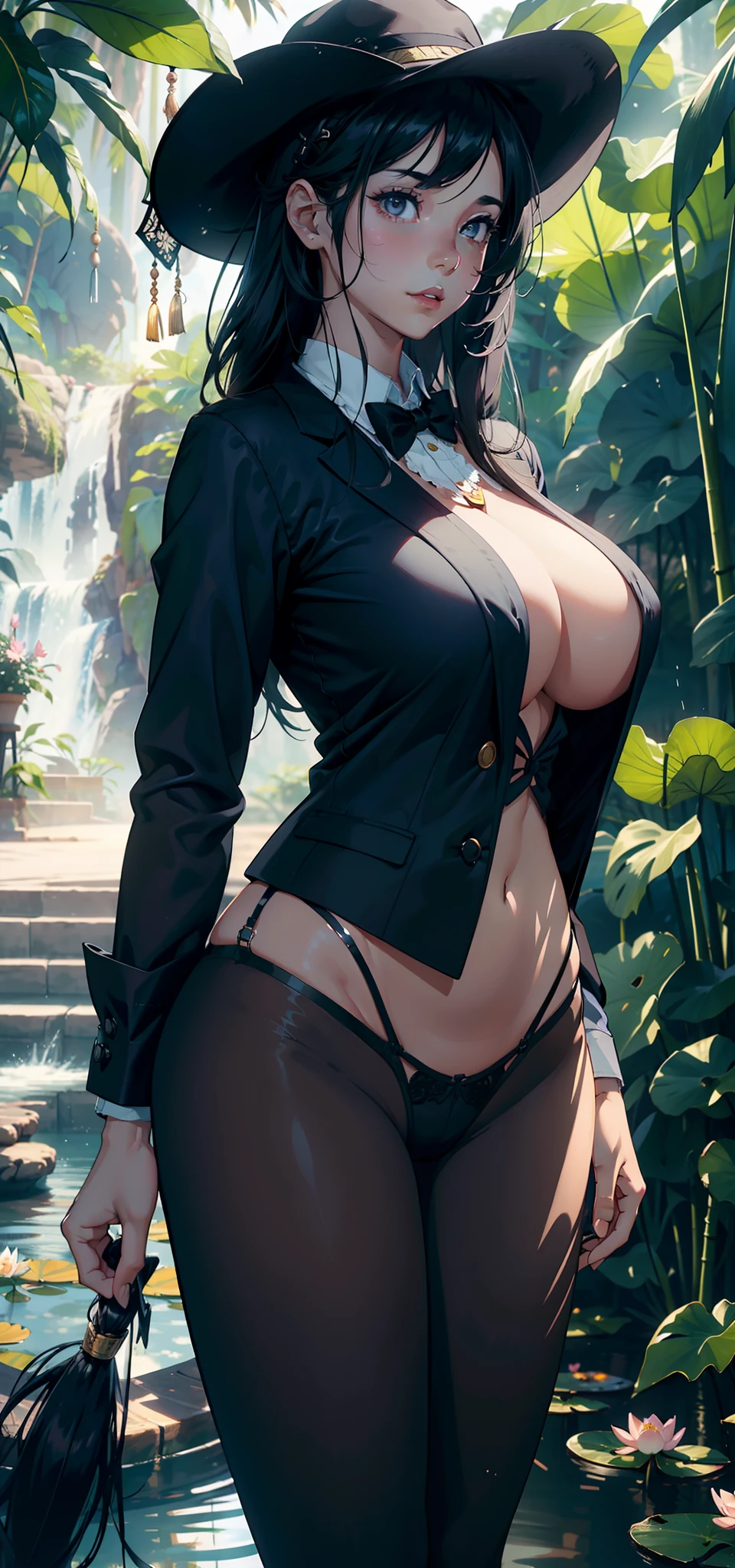 1female,huge tit,long leges,Big breasts Thin waist, 独奏,(Background with:the rainforest,lotus flower,lotuses,grape trees,Ground area water,Lotus pond,bamboo forrest,trpical garden) She has very short black hair,bobo head,Combat posture,seen from the front, hair straight, mostly cloudy sky,(((tmasterpiece),(Very detailed CG unity 8K wallpaper),best qualtiy,cinmatic lighting,detailed back ground,beatiful detailed eyes,Bright pupils,Black eyes,(Very fine and beautiful),(Beautiful and detailed eye description),ultra - detailed,tmasterpiece,)),facing at camera,A high resolution,ultra - detailed),revealing breasts,Bare genitalia, Bulge,legs are open,Raised sexy,Camel toes,Flushed complexion,Desire for dissatisfaction,frontage,Female secretary(Wearing:blazer jacket,tailcoat,White shirt,a black bowtie,Hat,black legging pants)