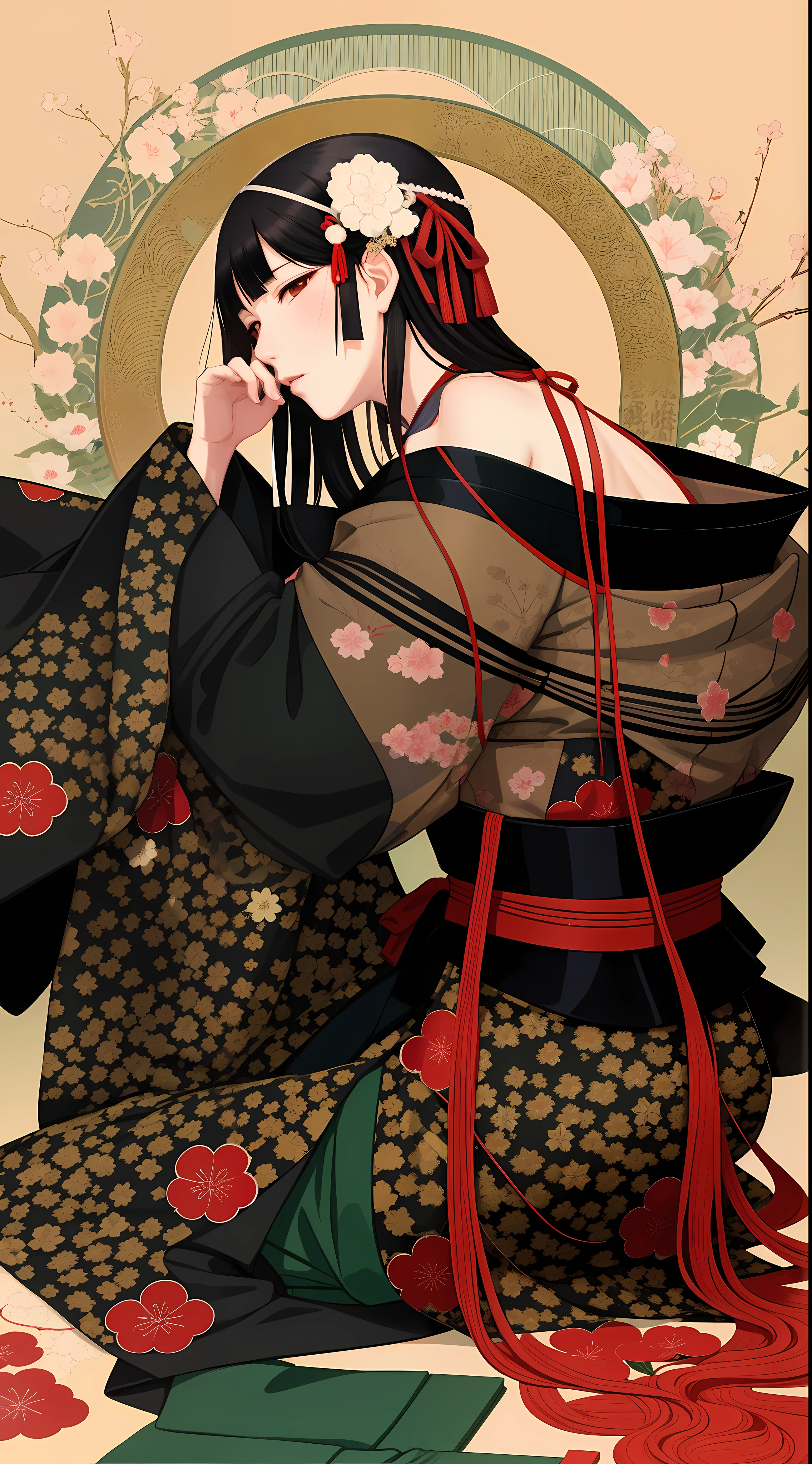 There is a woman sitting on a bed with a red ribbon, Estilo de Takato Yamamoto, Takato Yamamoto Aesthetics, Estilo Utamaro Kitagawa, inspired by Itō Shinsui, Yasunari Ikenaga, por takato yamamoto, shinsui ito, Estilo de Masami Kurumada, Directed by: Itō Shinsui