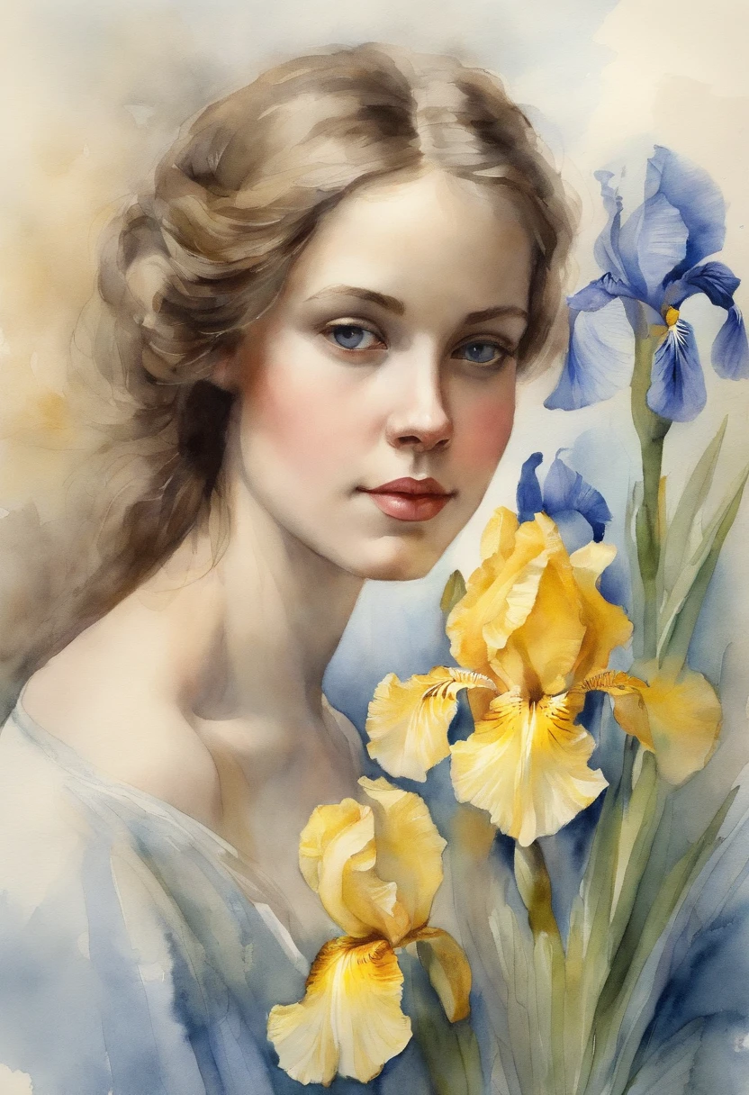 Young girl with yellow and blue iris, Stasia Burlington Style, watercolor paiting, soft colours, calm face, close-up, vintage images