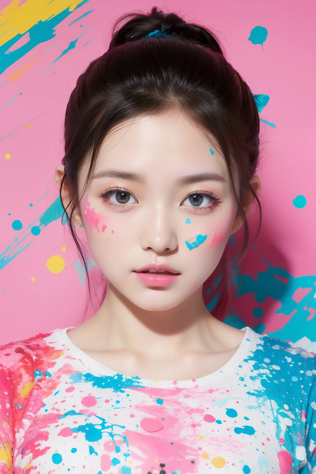 (top-quality、8K、32K、masterpiece)Background splattered with colorful paint、idol、