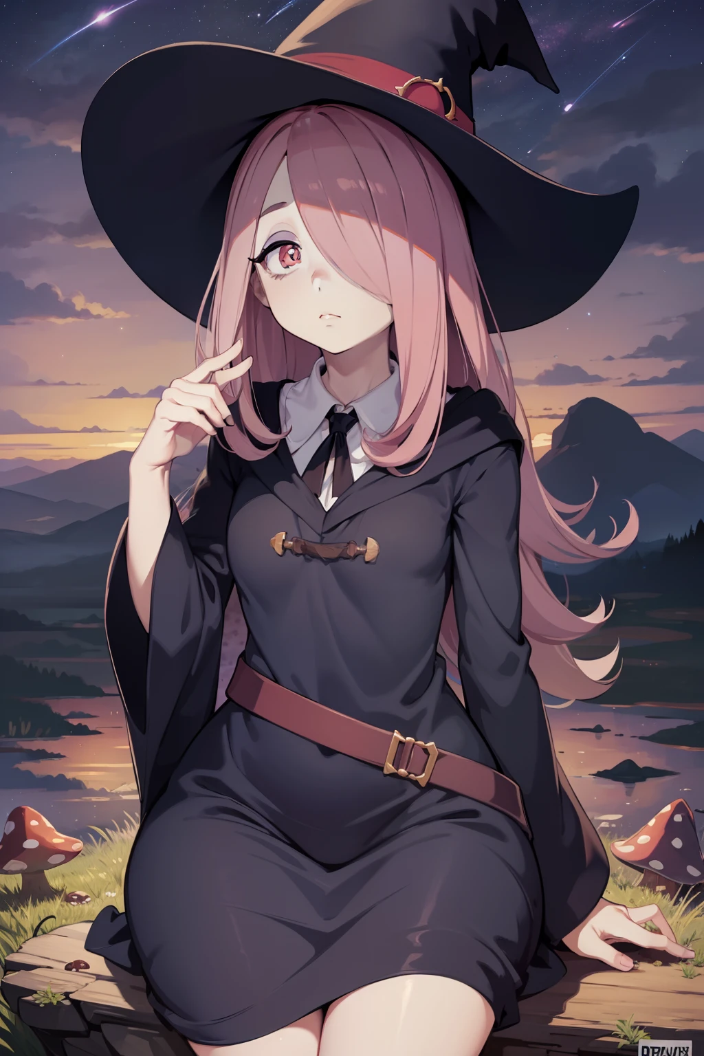 masterpiece,best quality,high quality, best quality, 4k,8k,Sucy Manbavaran, witch hat, dull pink hair, night sky, stars, hair over eye, illustration,anime style, pale skin, droopy eyes, sleepy expression, curvy, sitting on rock, field of mushrooms