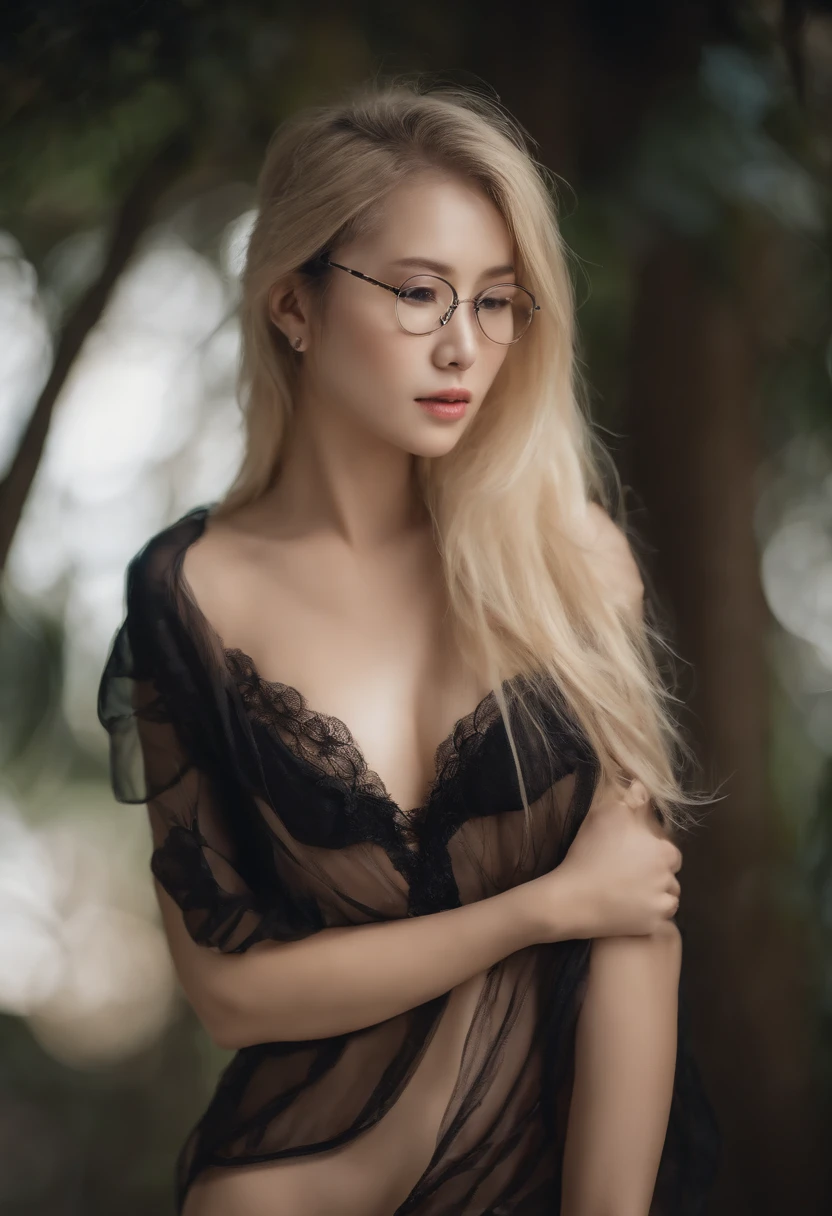 ((Night","Dark background))",((A girl wears only one piece of clothing, Very transparent open shirt,The shirt was soaked,  clearly visible ,(( 1.5. Her genitals and breasts can be clearly seen)). Blue eyes and long blonde hair",She wears glasses，beautiful  face",A beautiful Asian woman,Moderately soft and fair skin",Showing her beautiful tits, you can see her genitals, Her genitals were wet all over and could be seen