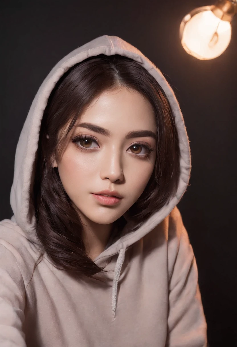 photorealistic, best quality, hyper detailed, beautiful Malaysian young gaming woman age 22 name missmya brown eye, selfie photo, upper body, solo, wearing hoodie, indoors, (night), bed, light led,komputer gamer and mic and earphone gamer set (cheerful, happy), looking at viewer, skin texture, film grain, close up, ultra high res, best shadow, RAW, instagram _missmya93