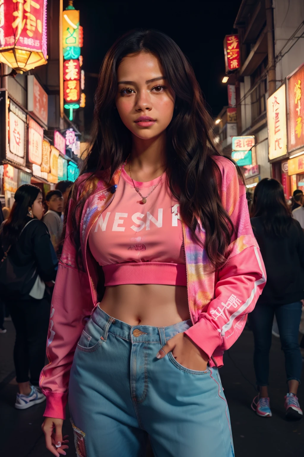 Craft a photorealistic, hyper-detailed image of Jenna Ortega in a fully clothed and covered, casual streetwear ensemble amid the vibrant chaos of an Asian night market. Use film grain and colorful lanterns for a lively lighting scheme. Close-ups should focus on her wavy hair and textured clothes. Export in RAW with a 'Neon Nostalgia' Instagram
