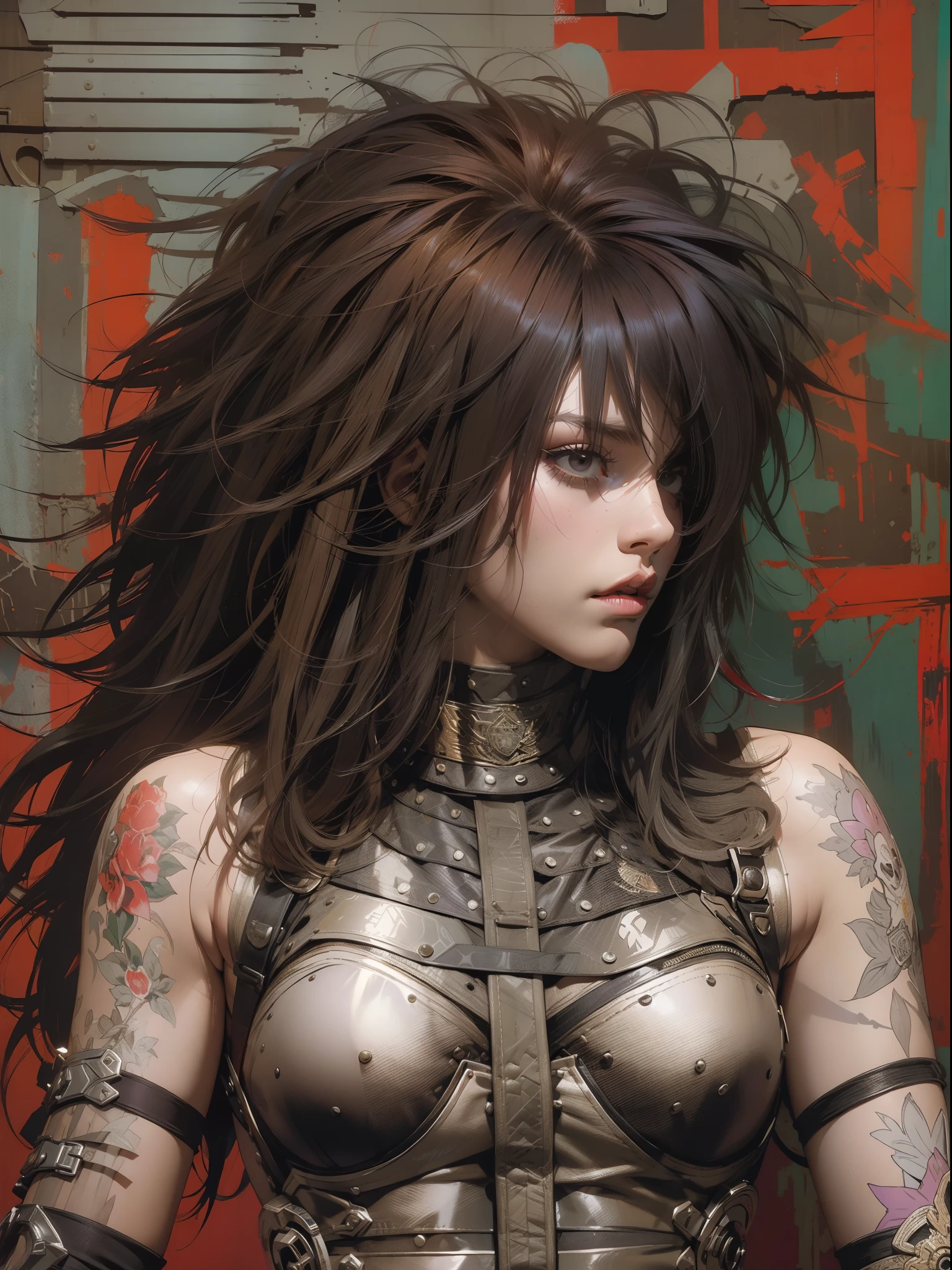 (((mulher))), (((melhor qualidade))), (((obra prima))), (((adulto))), (((1girl))), ((( corte de cabelo bob ))), Uma gladiadora cyberpunk mulher de 25 anos com corpo perfeito, shoulder pads with metal spines, Gladiadores do Brooklyn, (( corte de cabelo bob )), tiny leather panties, camiseta de time de rugby rasgada, quase nua no estilo selvagem urbano de Simon Bisley para a capa da revista Heavy Metal, Cabelo loiro curto, Minimum clothing, Metal protection on the left arm with intricate graphics, Dark red with white stars and white and violet checkerboard pattern, armadura, cheio de pontas e rebites, (((do joelho pra cima))), cabelos loiro branco curto, no fundo uma parede pintada por Shepard Fairey com um design intrincado