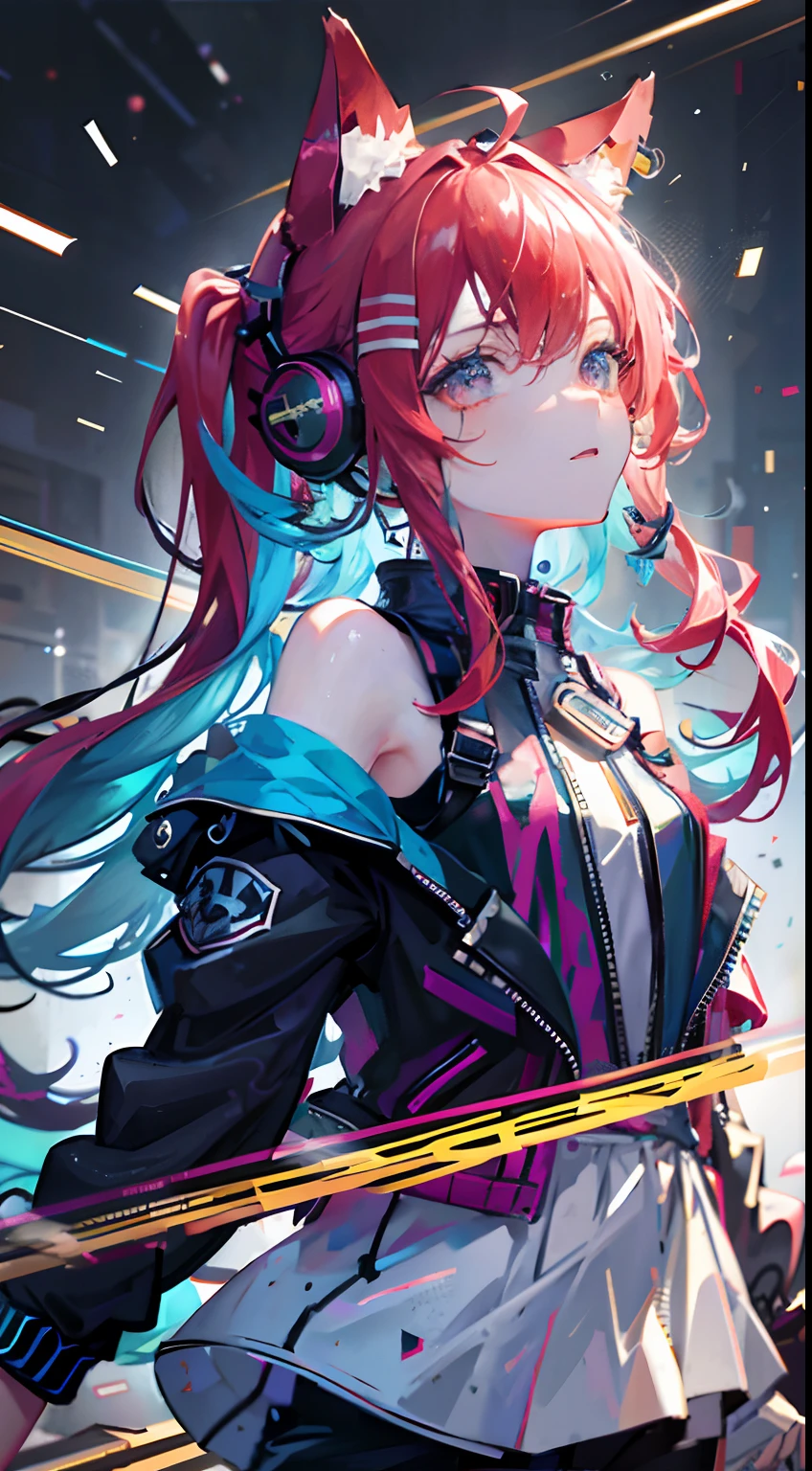 Masterpiece, best quality, colorful, a teenager with colorful pigtails wearing a detailed leather jacket and anime tee-shirt touching a translucent panel, in a dark void filled with small intense light particles,   jacket off a shoulder, floating screens in front, dramatic viewing angle, dynamic pose, (face focus close up:1.2), detailed headphones earings cat with neon ears, contrast, colorful hair, colors combination, bright, red hair, blue hair

All in view

Depth of field, high resolution, extreme intricate details, dramatic shadows, global illumination