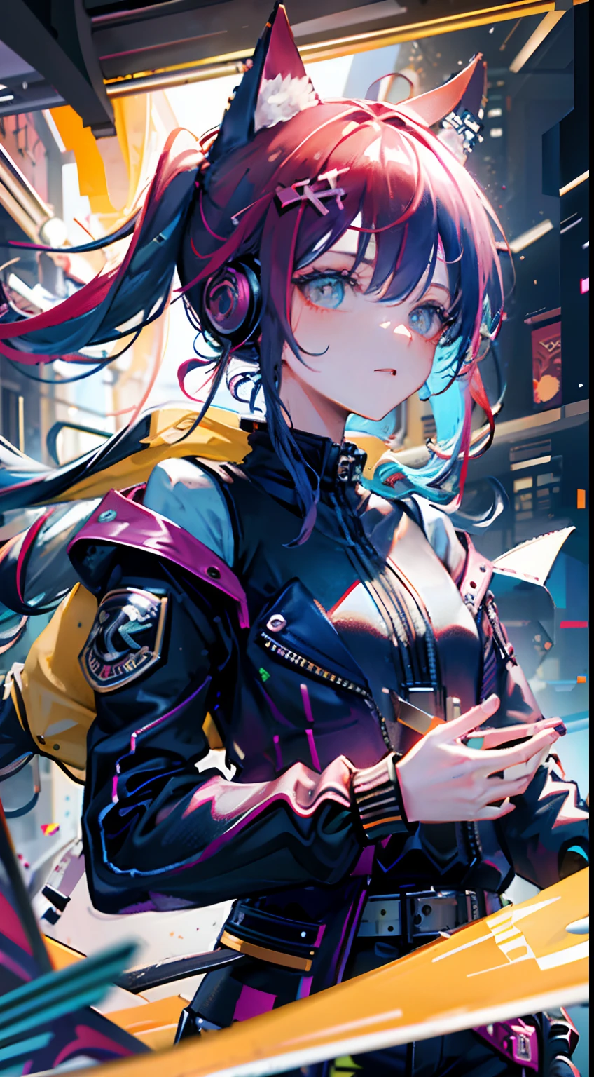 Masterpiece, best quality, colorful, a teenager with colorful pigtails wearing a detailed leather jacket and anime tee-shirt touching a translucent panel, in a dark void filled with small intense light particles,   jacket off a shoulder, floating screens in front, dramatic viewing angle, dynamic pose, (face focus close up:1.2), detailed headphones earings cat with neon ears, contrast, colorful hair, colors combination, bright, red hair, blue hair

All in view

Depth of field, high resolution, extreme intricate details, dramatic shadows, global illumination