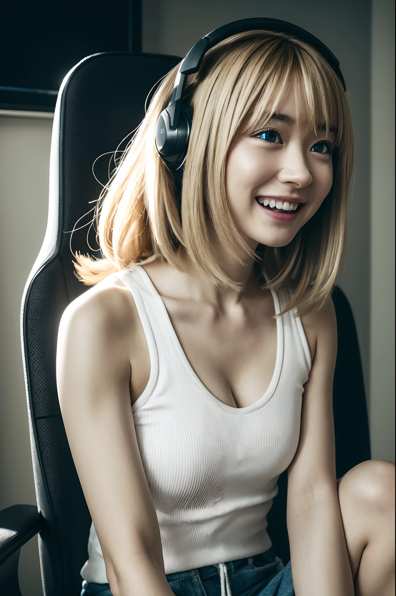 8k,RAW portrait of girl,80mm,ultra high res,best quality,japanese girl,idol,cute,playing a game on one's PC,gamer,sitting on gaming chair,wearing headset,holding game controler(darkened room:1.2),oversized t-shirts,sports shorts,(natural skin texture,detailed skin, hyperrealism,ultra sharpness),intricate details,high resolution, natural lighting,
darkness,disappointed,blonde hair,blue eyes,muscular male,2 girls,absurdly long hair,upside-down,sidelighting,angel,flipped hair,looking ahead,wide shot,female ,no nose,miko,drill hair,ahoge,helmet,
messy hair,armpit,cleavage,nsfw,grin,shy,colorfull,vivid,sunlight