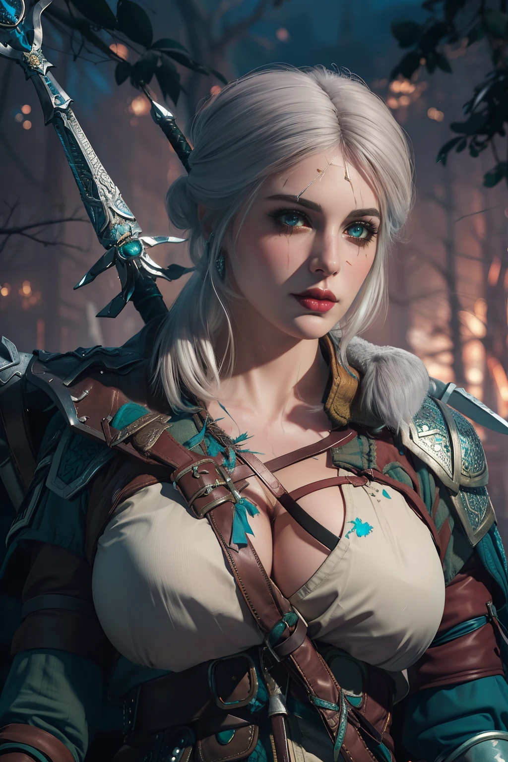 (masterpiece:1.3), (8k, photorealistic, RAW photo, best quality: 1.4), (1girl), (((Ciri from Witcher 3 with huge massive breasts))), overflowing cleavage, buttons straining, breast expansion,beautiful face, (realistic face), beautiful white hair, realistic green eyes, beautiful detailed green eyes, (realistic skin), beautiful skin, (sweater), absurdres, attractive, ultra high res, ultra realistic, highly detailed, golden ratio, deep cleavage,  sword hilt, ((facial curved scar  left cheek)), ((hilt  of sword Zireael)),