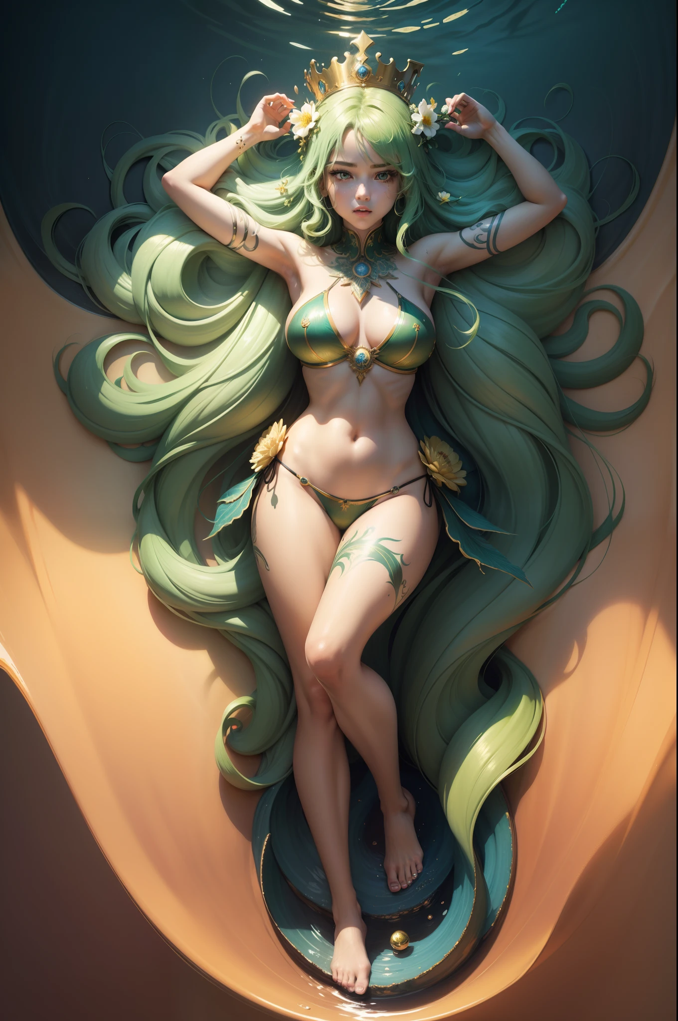 full body shot including background, toes pointed, hands together as if in prayer, hands together, fingers pointed overhead, swimming position Masterpiece, highest quality, high resolution, solo, lying, up, open arms, luscious, micro mini bikini too short, heavy breathing, crown of flowers floating above her head and hands, fish swimming beneath her feet, swirling hair, golden-green hair, sezual expression, ((Best quality, 8k, Masterpiece :1.3)) beautiful woman: 1.3, beautiful face with good sharpness, full body, saturated colors, psychedelic image, LSD, mandala, fractal, costume, tattoo, painted body, art similar to Alex Grey's art, lots of color saturation, vortex, planet earth, galaxy, with lots of lighting, shading and contrast, eyes well centered and with contrast, 3D depth, melting,