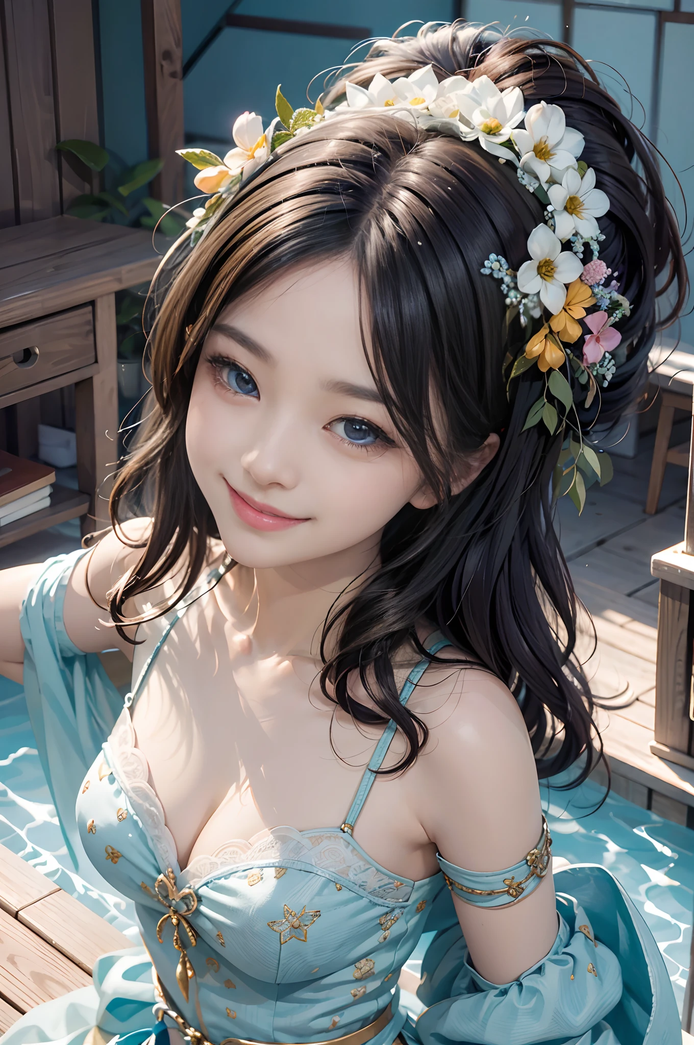 highest quality, masterpiece, (realistic:1.2), 1 girl, grin and laugh, 14 year old dark skinned arabian girl, head shot, Upper body, baby face, super detailed face, Two-braid hair with light brown bangs, hourglass illustration, oily skin, golden bikini, (small breasts:1.4), (Pasties:1.2), She sweats a lot, at dusk in qatar