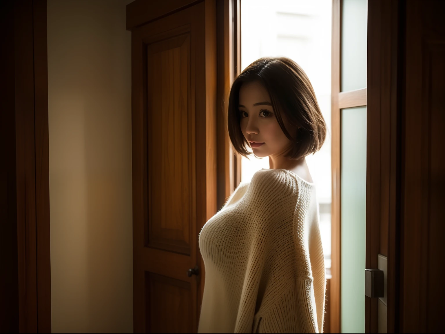 hightquality、a picture、realisticlying、daily、Advanced depth of field、short-hair、a secretary、Dimly lit bathroom、Stand in front of the door、The light is shining from behind、Oversized sweater、see -through、large full breasts、A sexy、Soft udder、wide open valley、The lower part of the body is bare、