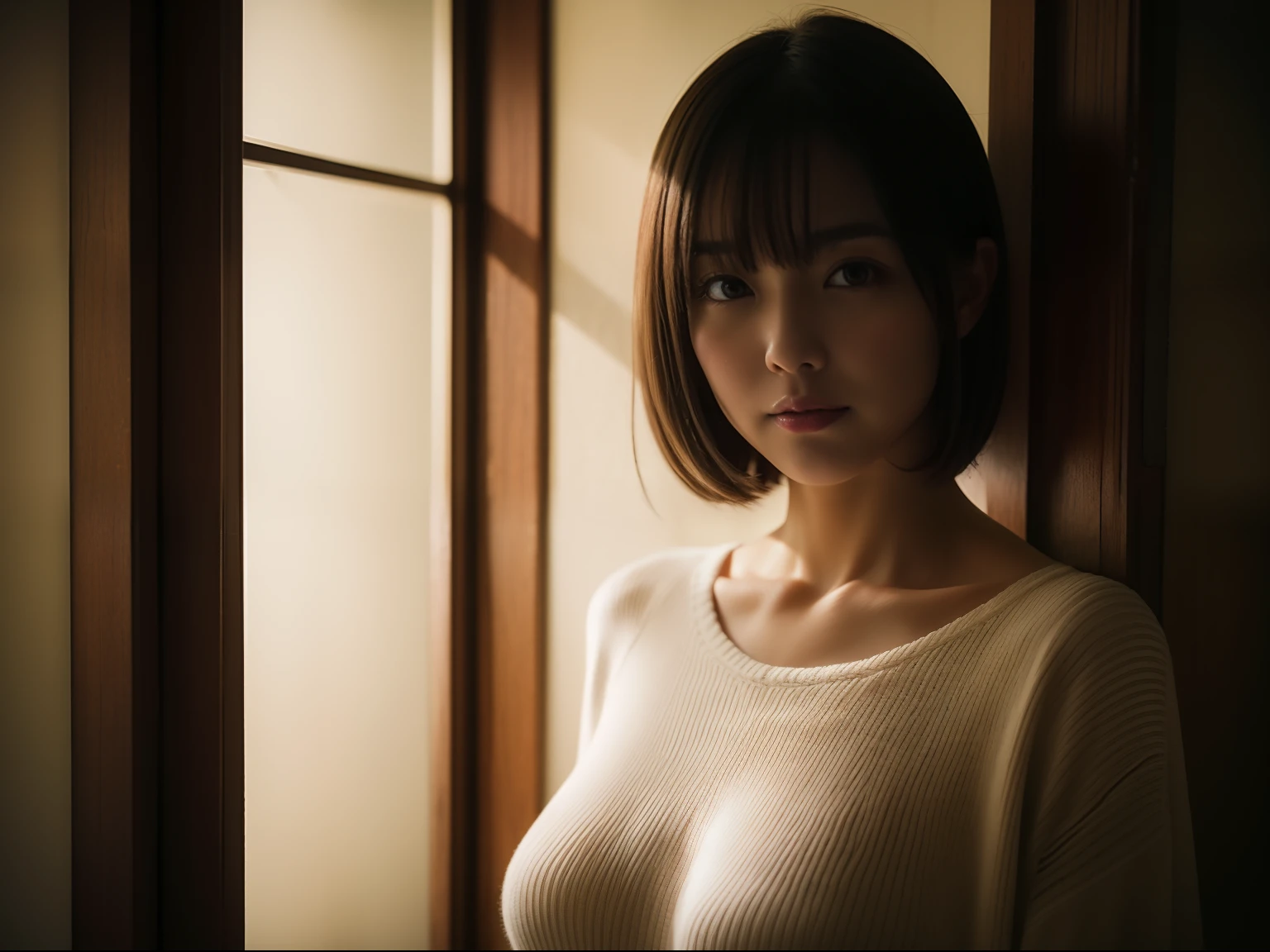 hightquality、a picture、realisticlying、daily、Advanced depth of field、short-hair、a secretary、Dimly lit bathroom、Stand in front of the door、The light is shining from behind、Oversized sweater、see -through、large full breasts、A sexy、Soft udder、wide open valley、The lower part of the body is bare、