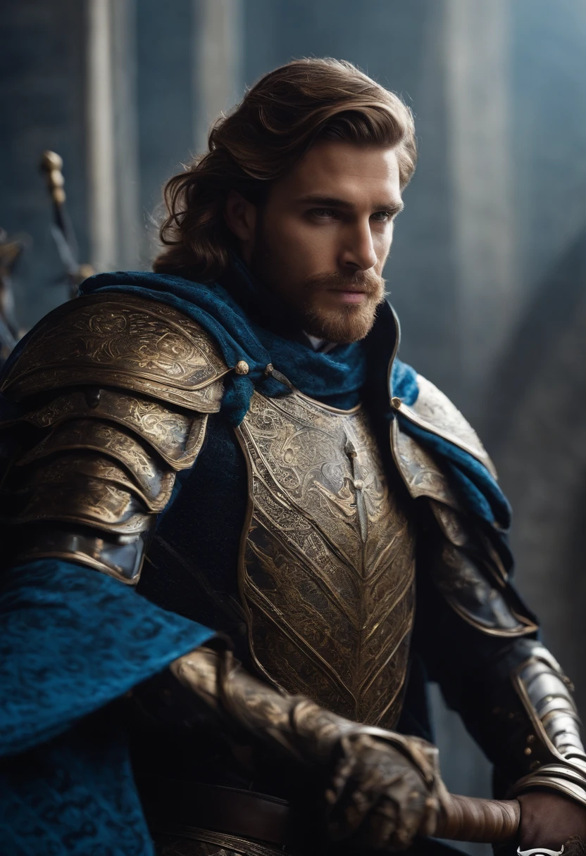 Um cavaleiro masculino em armadura,The armor is thick and patterned,There's a cover,Segurando um epee azul e um escudo grande,wizarding world,Diagrama de corpo inteiro,com cabelo preto curto,espada, irritado, tempestade com raios ao fundo.