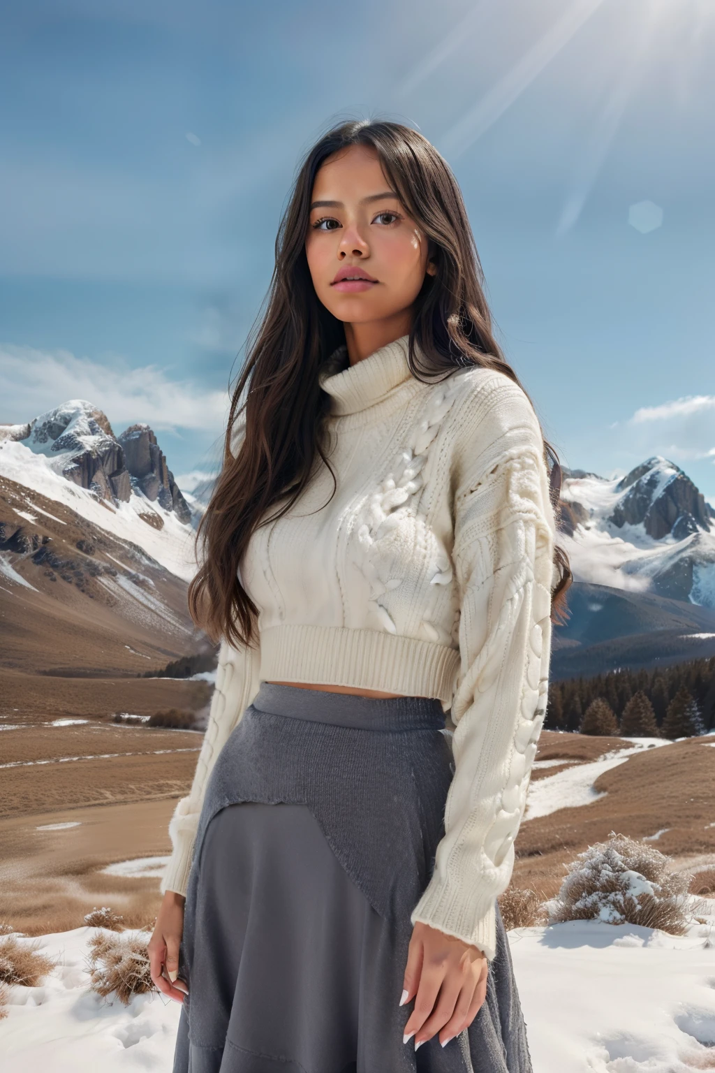 Craft a photorealistic, hyper-detailed image of Jenna Ortega in a fully clothed and covered, chunky knit sweater and long skirt against a snowy mountain backdrop. Use film grain and diffused sunlight filtering through clouds for a soft glow. Close-ups should focus on her wavy hair and textured clothing. Export in RAW with a 'Winter Whisper' Instagram LUT.