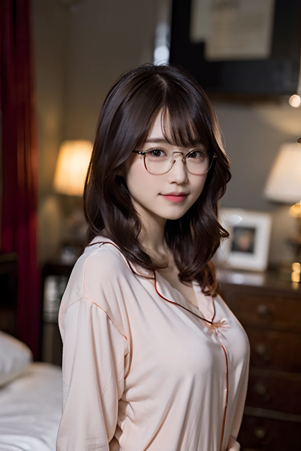 (8K、Raw photography、top-quality、​masterpiece:1.2)、(realisitic、Photorealsitic:1.37)、ultra-detailliert、超A high resolution、女の子1人、see the beholder、beautifull detailed face、A smile with a little visible teeth、Constriction、(Slim waist) :1.3)、((Cute pajamas))、pastel clothing、Beautiful detailed skin、Skin Texture、Floating hair、((fluffy hairstyle))、large breasts with good shape、Professional Lighting、Bedroom、((Black square glasses))、Whole human body、Black hair、((Shameful appearance))、Pay attention to your audience、