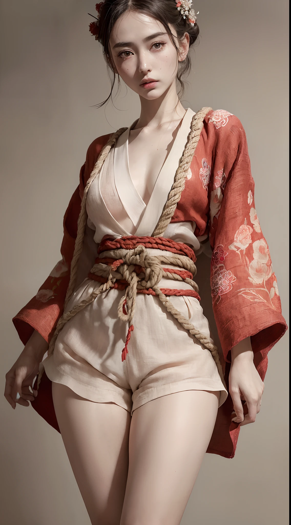 Manwa,dynamic pose, 1girl,pale skin,delicate face,moles,intricate details,(rugged kimono:1.2,rope belt,red linen shorts with open sides:1.3),small waist,(wide thigh gap:1.3,thick thighs:1.3),white background,(best quality:1.2,ultra-detailed,realistic:1.37),portrait,soft colors,polished lighting