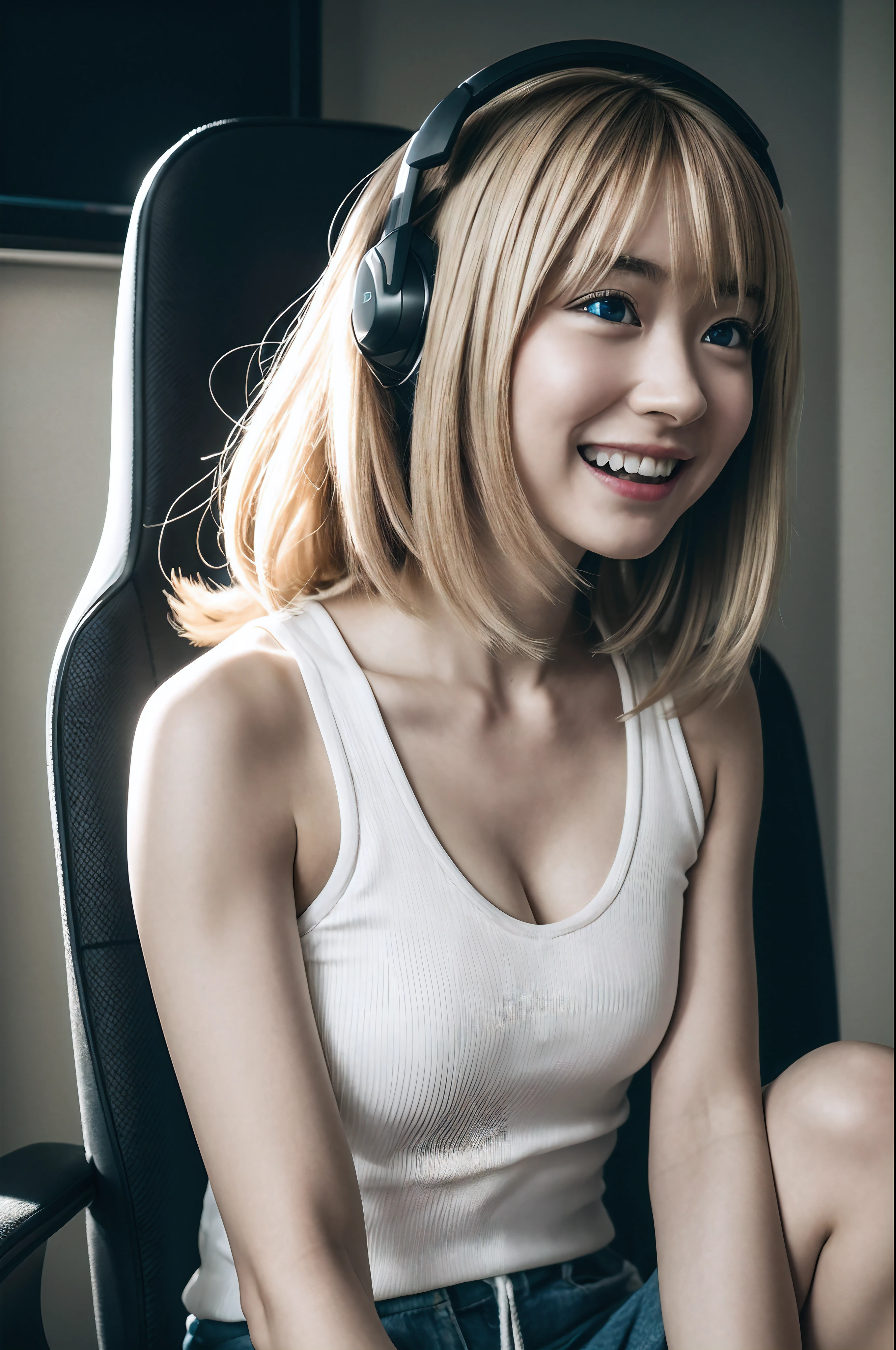8k,RAW portrait of girl,80mm,ultra high res,best quality,japanese girl,idol,cute,playing a game on one's PC,gamer,sitting on gaming chair,wearing headset,holding game controler(darkened room:1.2),oversized t-shirts,sports shorts,(natural skin texture,detailed skin, hyperrealism,ultra sharpness),intricate details,high resolution, natural lighting,
darkness,disappointed,blonde hair,blue eyes,muscular male,2 girls,absurdly long hair,upside-down,sidelighting,angel,flipped hair,looking ahead,wide shot,female child,no nose,miko,drill hair,ahoge,helmet,
messy hair,armpit,cleavage,nsfw,grin,shy,colorfull,vivid,sunlight