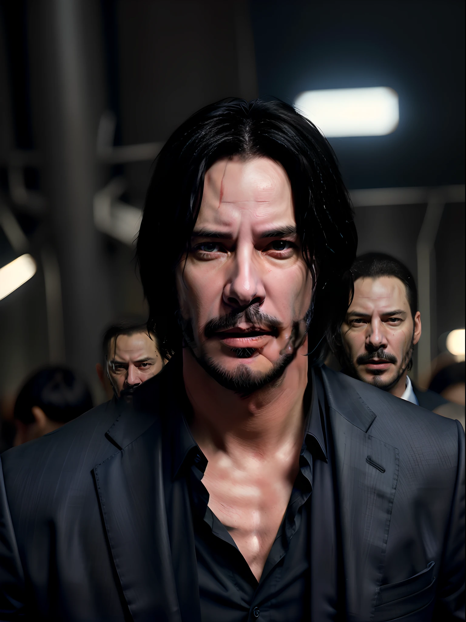 Keanu Reeves (John Wick) o filme, Keanu Reeves High Resolution Realistic Style, detalhes acentuados, cores vibrantes, striking facial expression, stylish sunglasses, roupa preta, Futuristic background with highlighted binary code, action scene.