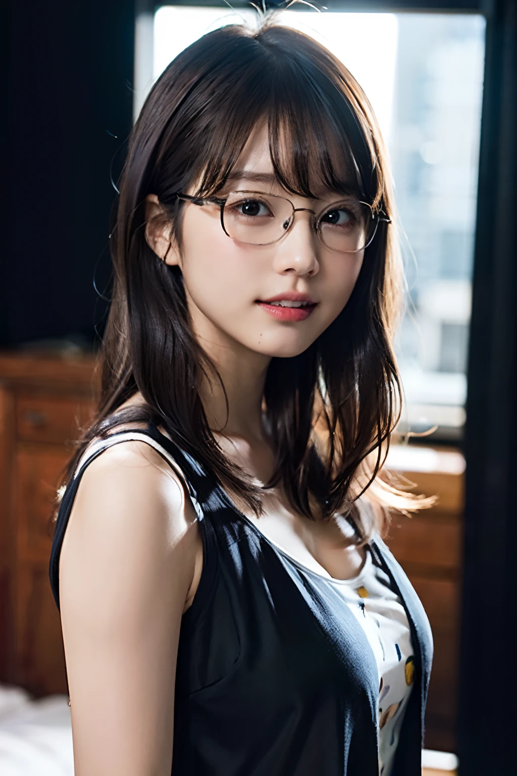 (8K、Raw photography、top-quality、​masterpiece:1.2)、(realisitic、Photorealsitic:1.37)、ultra-detailliert、超A high resolution、1人、see the beholder、beautifull detailed face、A smile with a little visible teeth、Constriction、(Slim waist) :1.3)、((Cute pajamas))、pastel clothing、Beautiful detailed skin、Skin Texture、Floating hair、((fluffy hairstyle))、large breasts with good shape、Professional Lighting、Bedroom、((Black square glasses))、Whole human body、Black hair、((Shameful appearance))、Pay attention to your audience、
