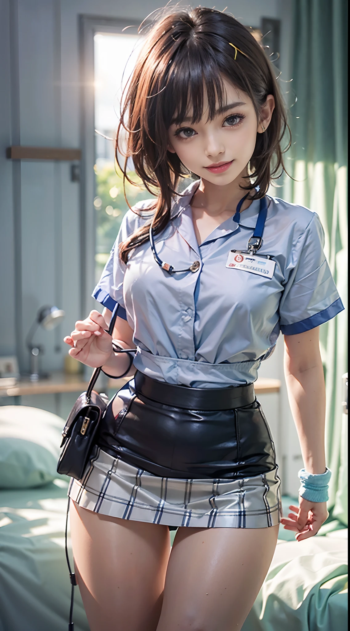 NSFW, 1womanl, (Well-formed face), (Ideal ratio body proportions), Hospital Room, Sunnyday, (Nurse clothes in miniskirts), (skirt rift), (((Holding a skirt with your hands and showing off your panties))), ((lift skirt myself)), (Show off your panties to the camera), long , Wet, Smiling smile, de pele branca, A slender, Dark hair, short-hair, Skinny Legs, beauty legs, Small buttocks, surrealism, Cinematic lighting, depth of fields, One-person viewpoint, F/1.8, 135 mm, canon, nffsw, masutepiece, ccurate, Anatomically correct, Textured skin, Super Detail, high details, High quality, awardwinning, Best Quality, hight resolution, 1080p, 4K, 8K
