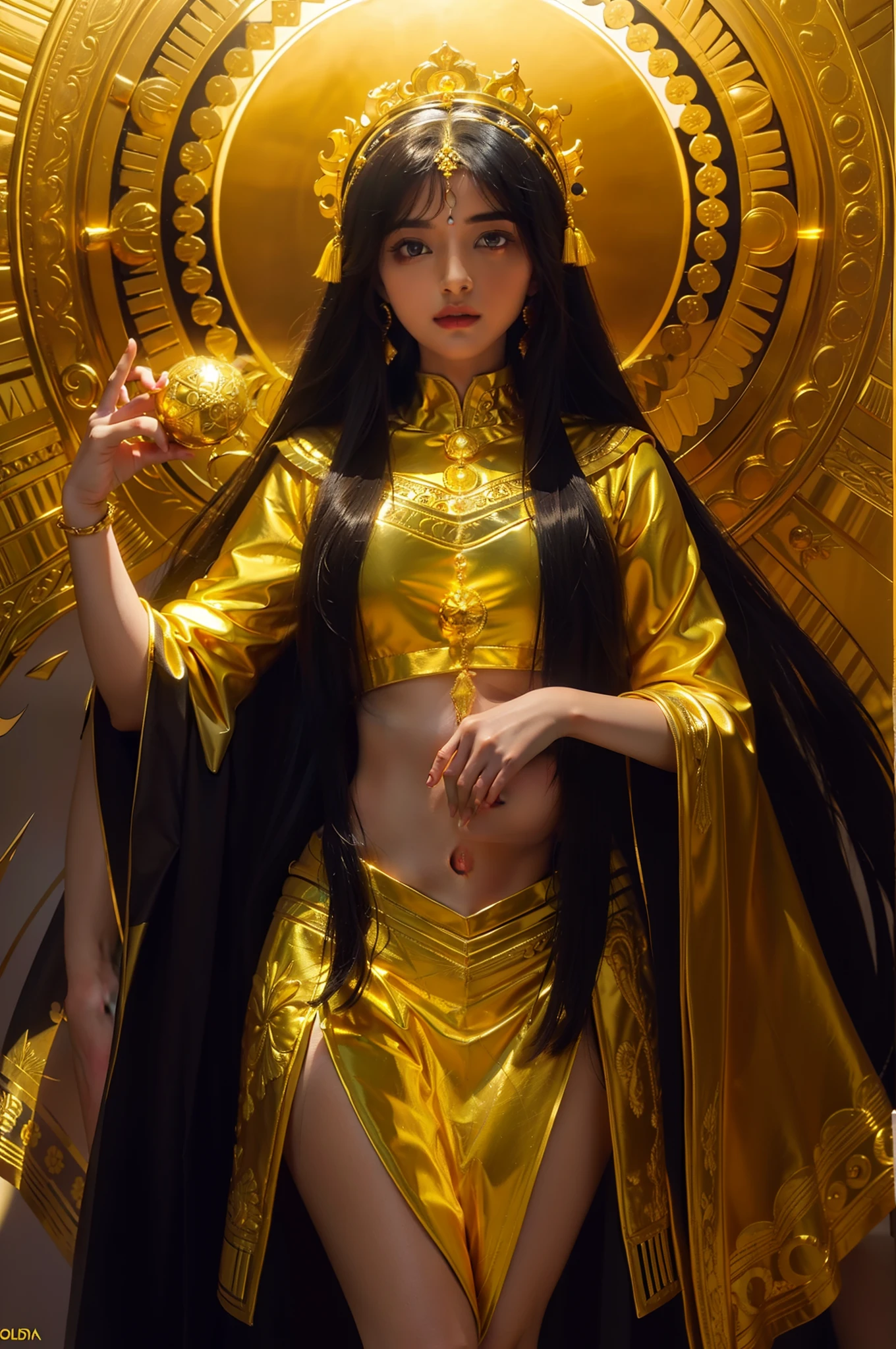 Holy Radiance,Hindu mythology,goddes,indian style,Long black hair,blackigeyes(tmasterpiece,top Quority,best qualtiy,offcial art,Beauty and aesthetics:1.2),(1girl),Extremely detailed,(s fractal art:1.3),extremely colorful,Most detailed, ultra realistic, glowing gold dress, a bright glowing halo like the sun in background, gold colored eyes