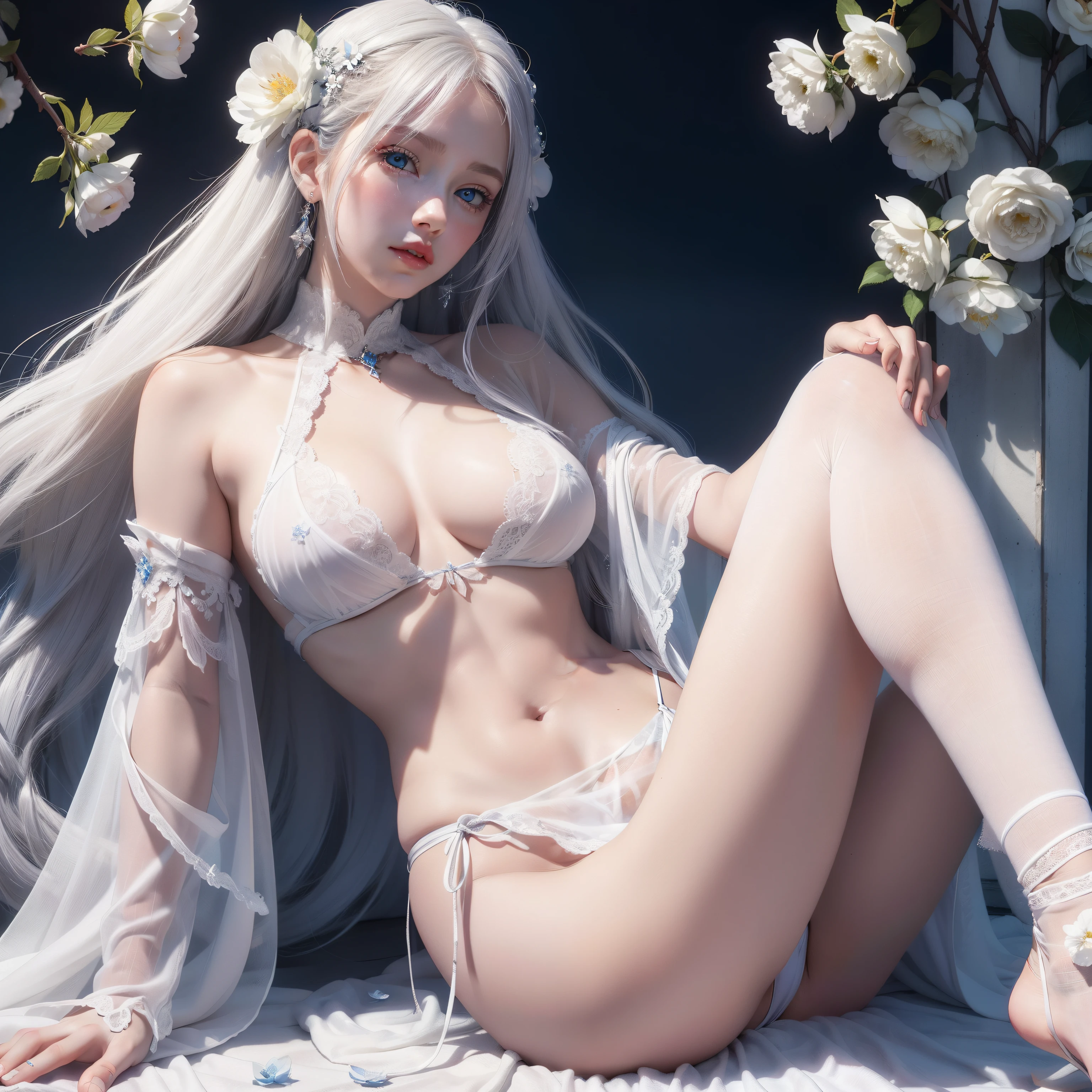 White goddess blue eyes in human shape、beautiful body of a flower of a very attractive age with white pubic hair,,Wearing a white see-through robe,