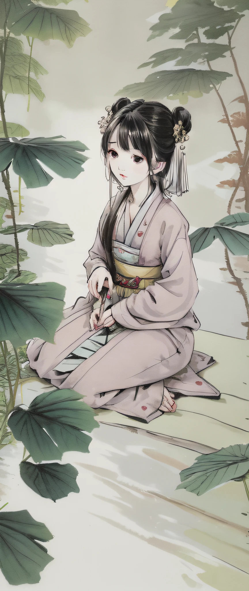 ((4k,masterpiece,best quality)), shuimobysim, Traditional chinese painting, lotuses, Hanfu, maxiskit, Dress conservatively, ssmile, Sit cross-legged, The barefoot,little monks,Behind are the steps