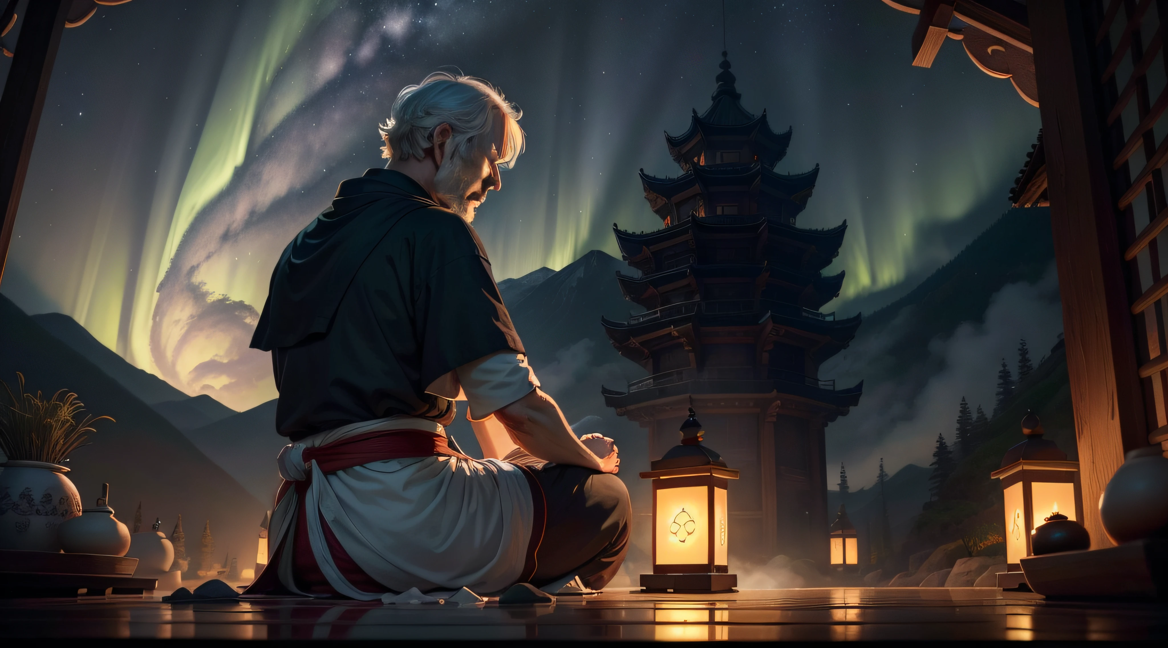 man sitting in a meditation position, a espaldas el universo, via lactea, aurora polar, spiritual enlightenment, Monje medita, Hombre santo mirando hacia el suelo, hindu stages of meditation, tu mente contemplando la eternidad, 2 Monje del siglo 1, orar meditando, Wise old Indian guru, zen meditation, Monje budista meditando, On the road to enlightenment, Uplight, iluminado, Spiritual evolution Ancient Chinese architecture, cold colors, noche oscura, luna, sode, bamboo, lago, tree, agua corriente, paisaje, al aire libre, cascada, hierba, roca, niebla densa, (illustration: 1.0), epic composition, detalles HD, obra maestra, mejor calidad, (muy detallado CG Unity 8k fondos de pantalla) , ultra detallado, Size 2048X1392 --v 6