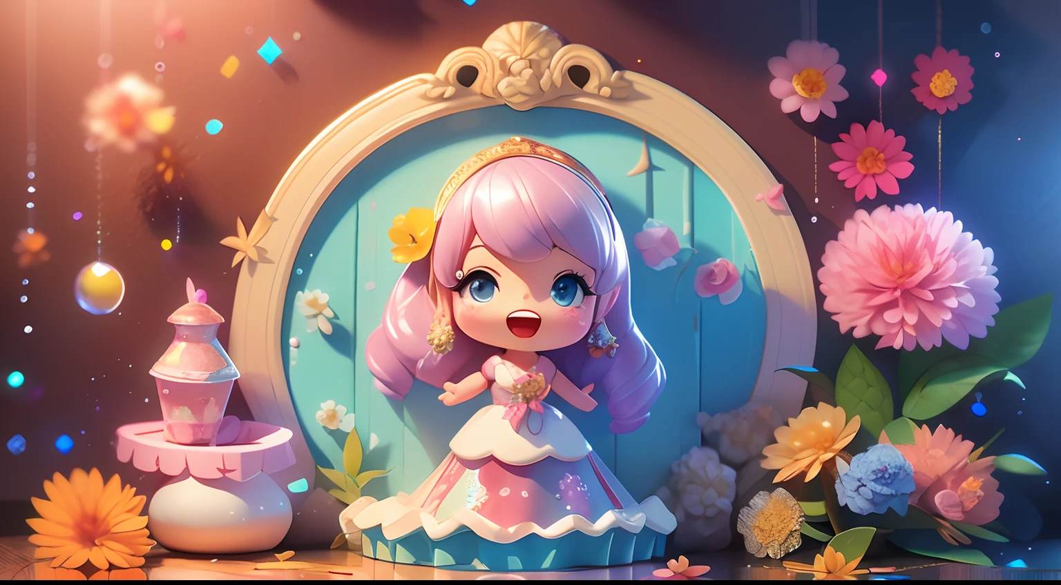 photoRealstic、Doll standing in front of the painting(nendroid)、swim wears、laugh face、Water droplets on the cheeks、Pose with open arms、Sengai、pixiv、rokoko、dollfie dream、watercolor Nendoroid、(High Definition Figure)、Flowing iridescent silk、up of face、There are also flowers in front of the nendroids、Hibiscus petals、season!!: 夏☀ 🍂 ハイビスカス